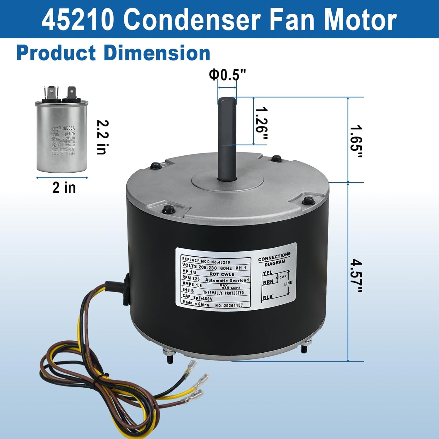 45210 Condenser Fan Motor, 1/5 HP 825 RPM 208-230V AC Condenser Fan Motor Replacement for Carrier Bryant Payne HC37GE210, HC37GE210A, 3S003, 5KCP39GFY917S 5KCP39GFS166S, 6DLL2, 51-23055-12, 622080
