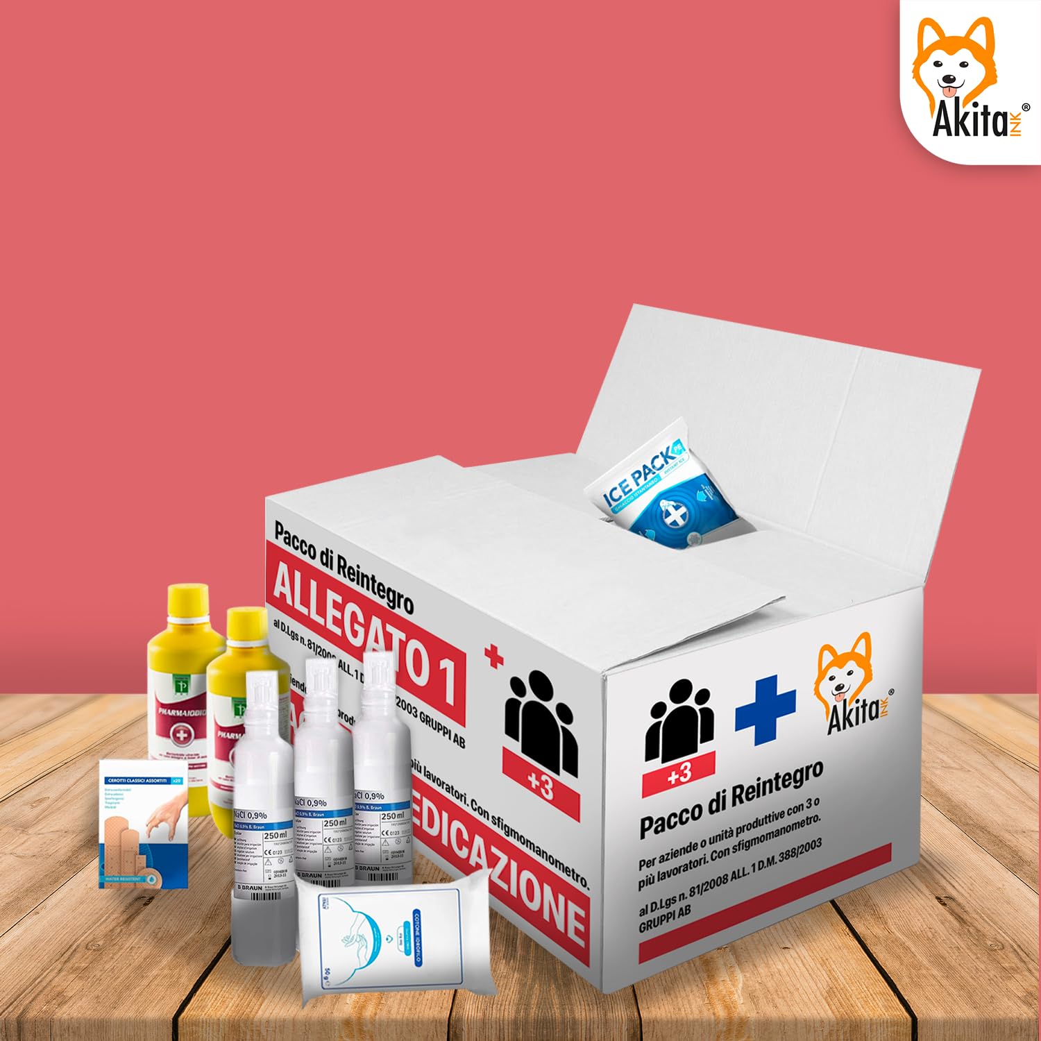 Akitaink Kit di reintegro ALLEGATO 1 SENZA SFIGMOMANOMETRO pacco medicazione per cassetta di pronto soccorso aziendale con un organico di almeno 3 dipendenti, Conforme 388/DL81, Made in Italy