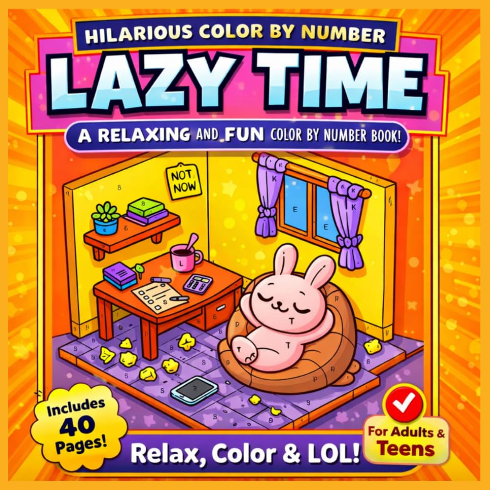 Lazy Time Color by Number: Funny & Relaxing Coloring Book for Adults and Teens with Cute Cozy Scenes, Stress Relief Fun