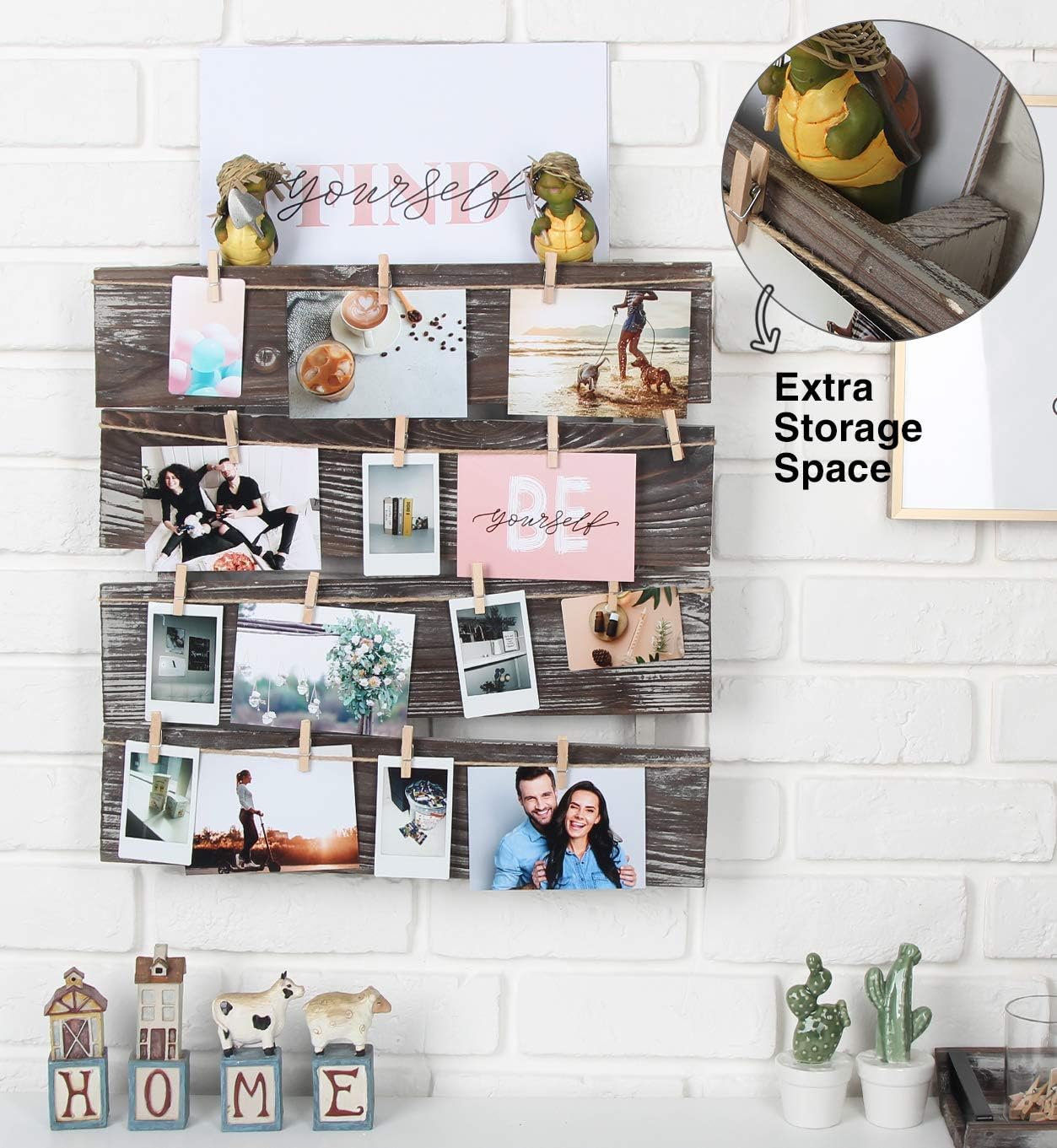 J JACKCUBE DESIGN Wall Mount Rustic Wood Clip Photo Holder, Photo Collage Frame for Multi Photo Display Wall Décor with 24 Clips 17.5 X 17.3inch - MK558A