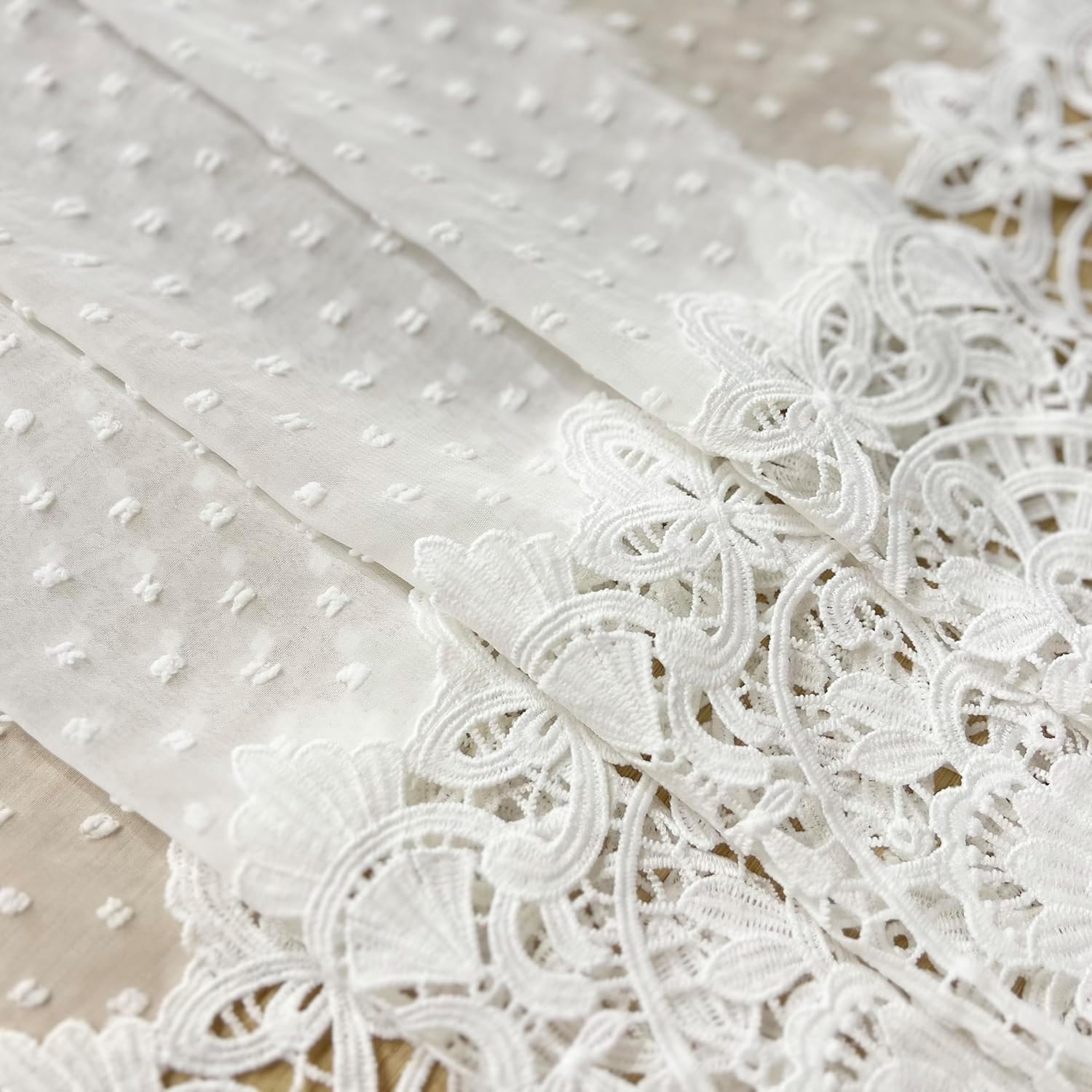 Luxury White Pom Pom Sheer Curtains for Living Room Bedroom Hollow Embroidered Lace Curtains Ruffle Light-Filtering Pompom Tulle Drapes for Window Grommet Top 2 Panels (W55 L84 inch,White)