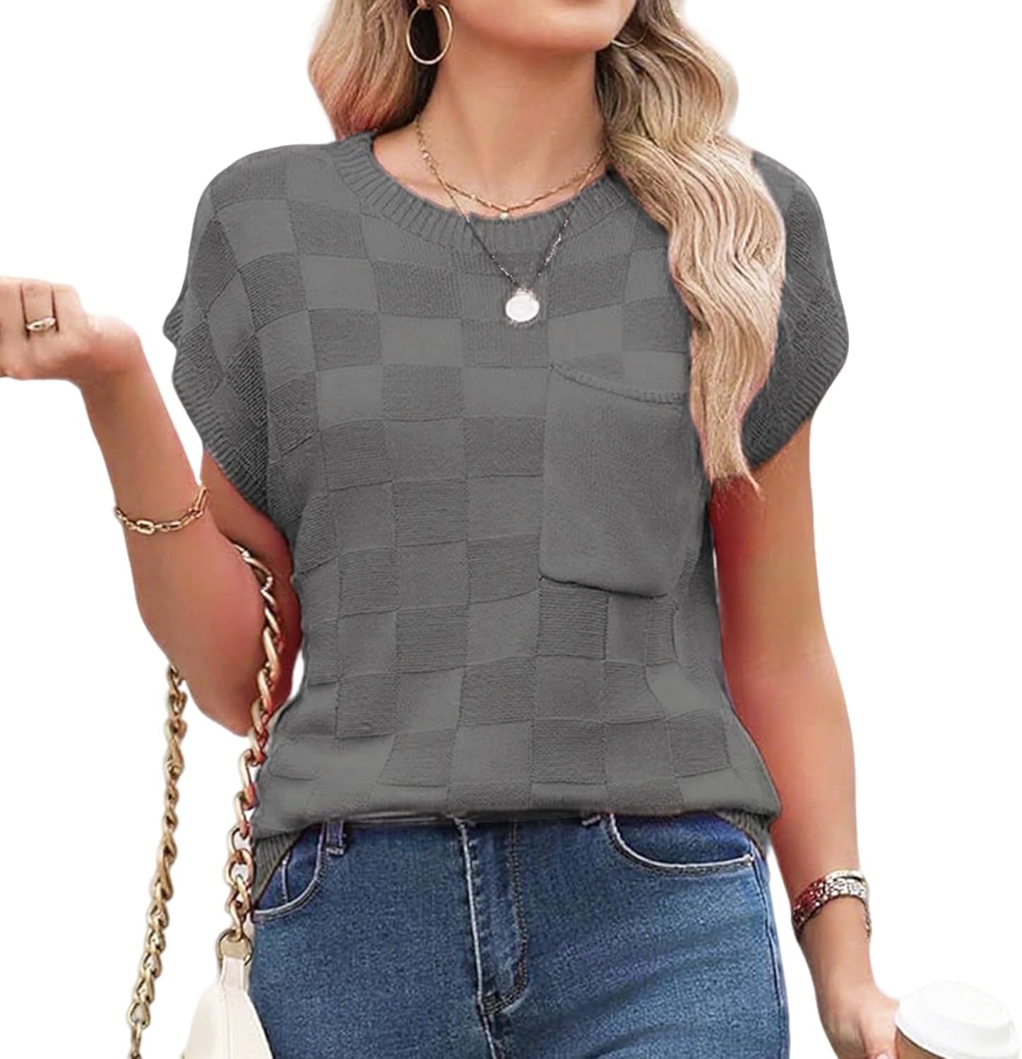 Women's Cap Sleeve Knitted Tops Casual Crew Neck Pullover Summer Lightweight Sweater T-Shirts