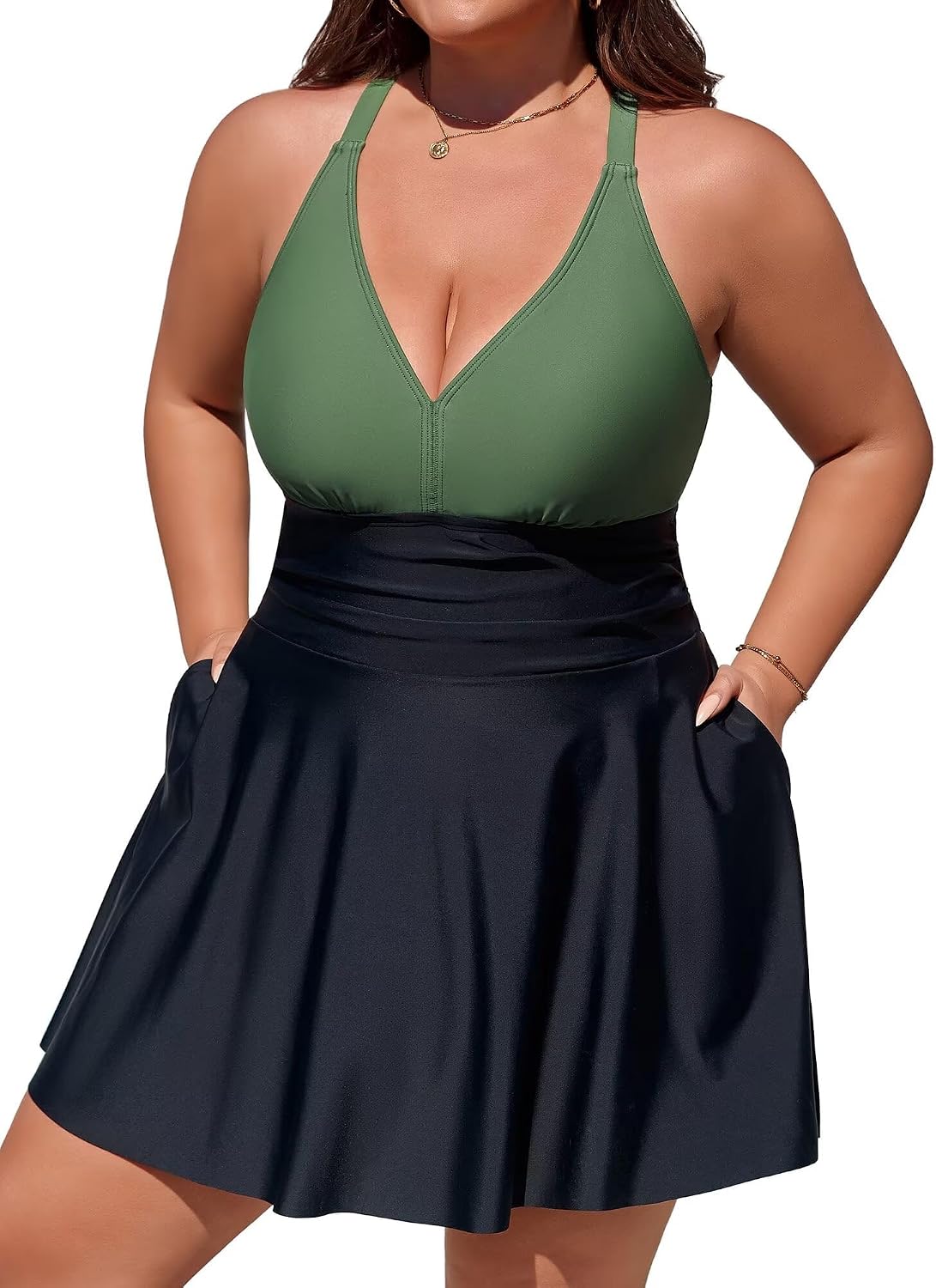 Size One Piece Swimsuit for Womens Tummy Control Swimdress Swimwear Criss Straps Bathing Suits with Pockets