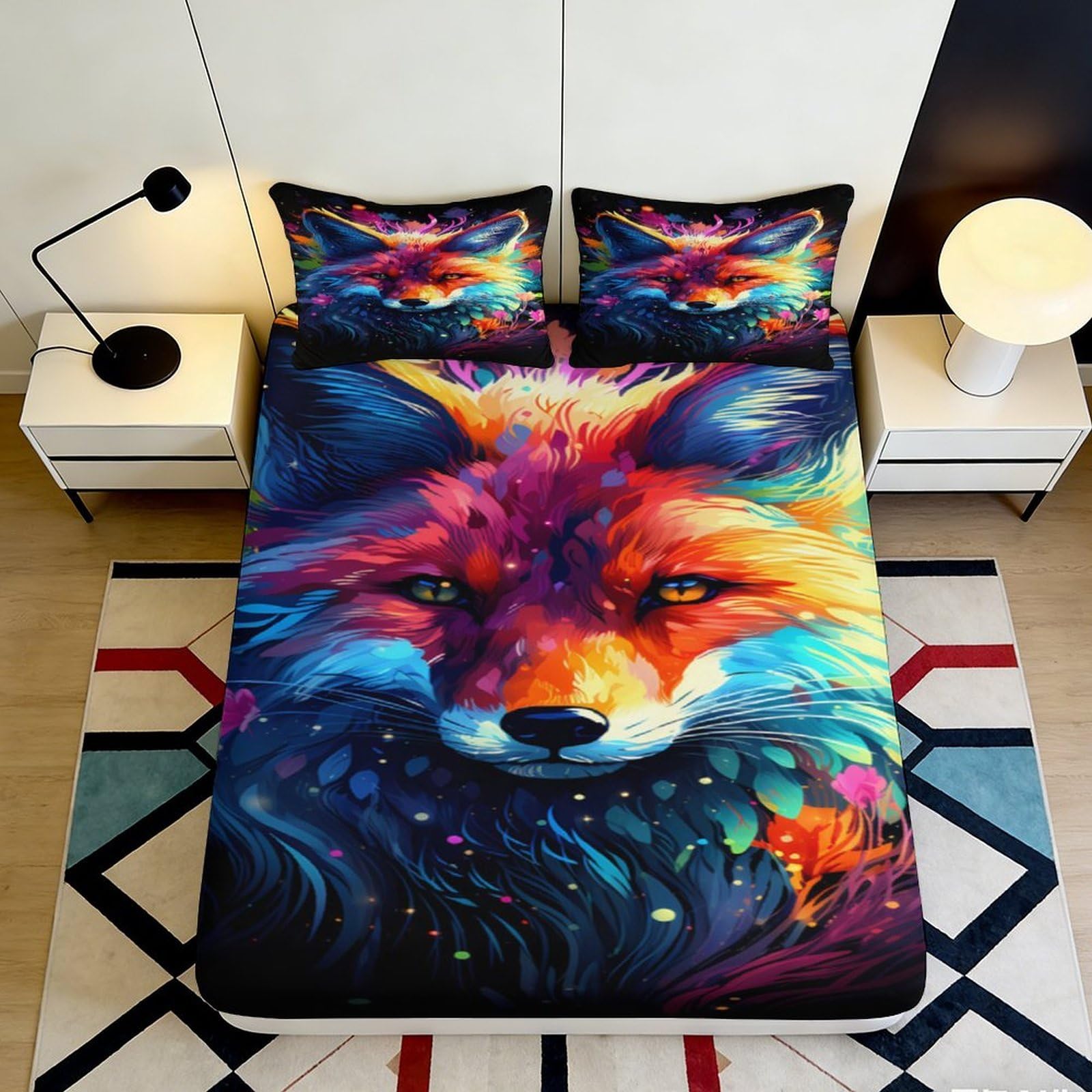 3D Printed vibrant fox Fitted Sheet, soft touch Microfiber, wrinkle resistant, bedroom or guest room bedding, anti-slip, easy care, decorative design, 120x200cm 90x200x25cm