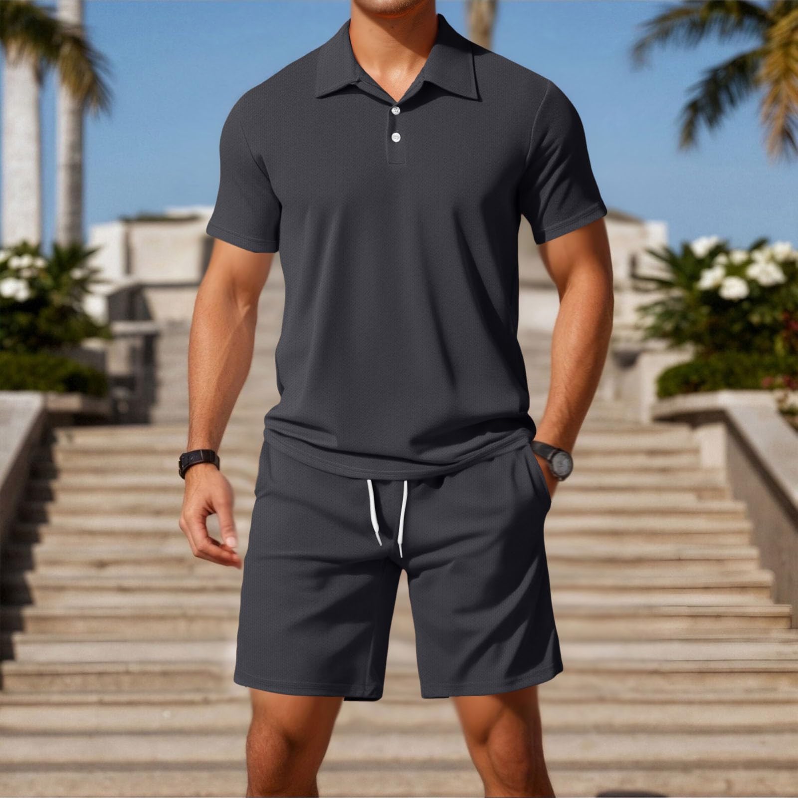 Ensemble Homme Ete Chic - Ensemble Chemises Été Poloshirts Hauts à Manches Courtes 2 Pièce Survêtement Mode Jogging T-Shirt Chemisette et Shorts pour Vacance Loisir