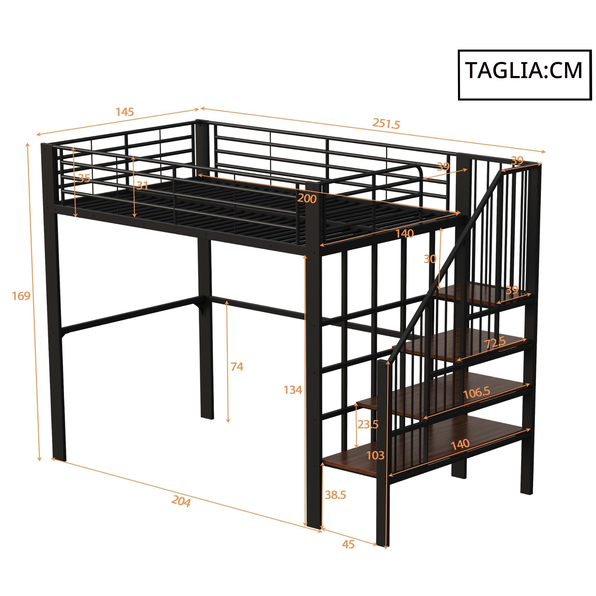 Dolamaní Letto a soppalco 140 x 200 cm per bambini e adulti, con ampio spazio di archiviazione sotto il letto e scala ideale (Nero B)