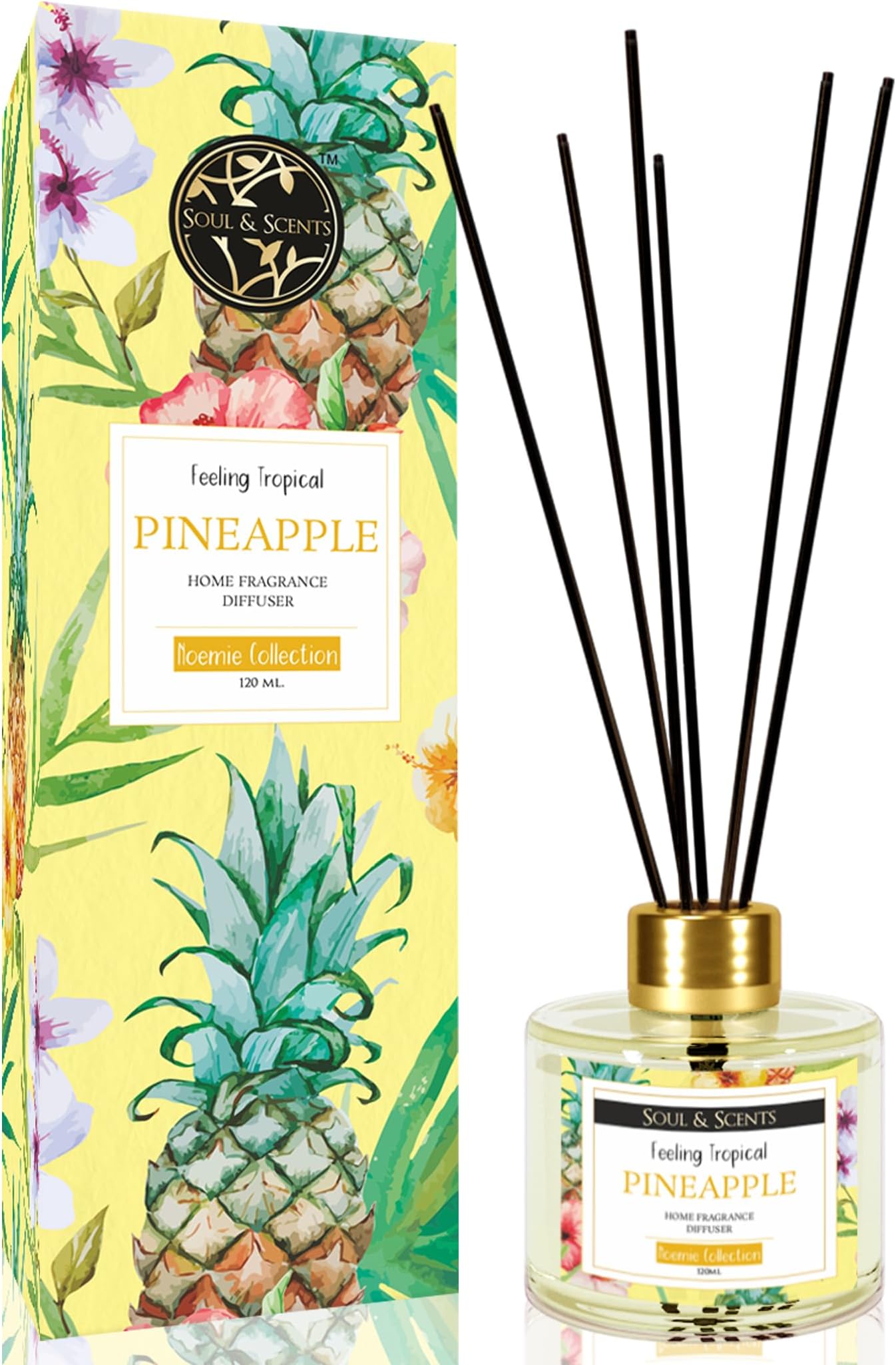 Soul & Scents 120ml Pineapple Reed Diffuser Set | Free 6 Fiber Reed Sticks | Stress Relief & Aromatherapy | Long-Lasting, Smoke-Free Air Freshener for Home, Bedroom & Office | Ideal for Gifting