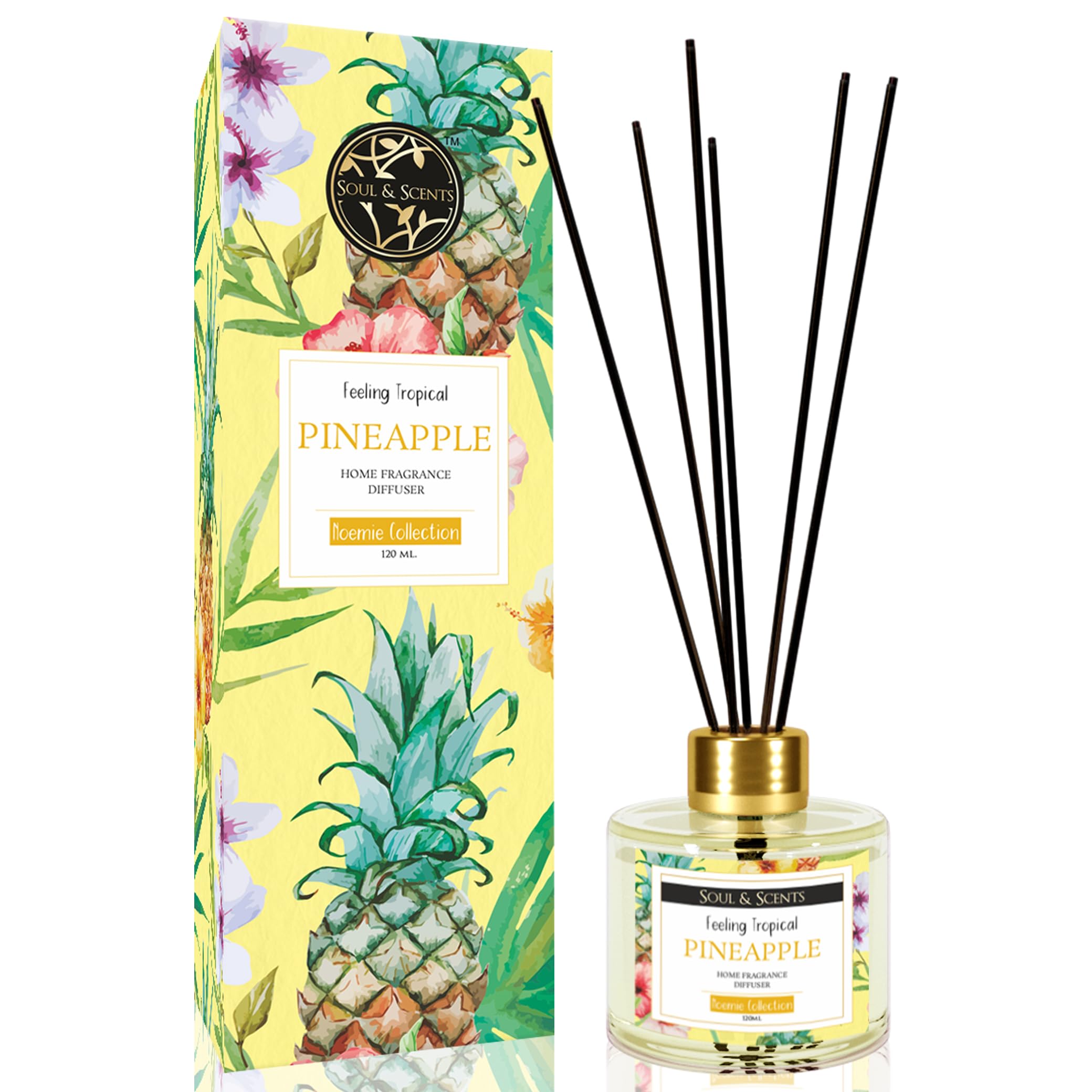 Soul & Scents 120ml Pineapple Reed Diffuser Set | Free 6 Fiber Reed Sticks | Stress Relief & Aromatherapy | Long-Lasting, Smoke-Free Air Freshener for Home, Bedroom & Office | Ideal for Gifting