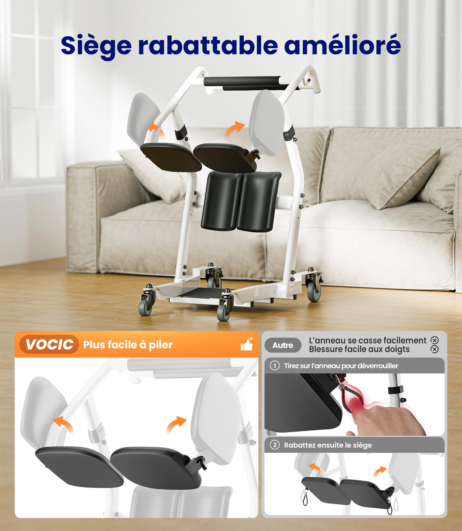 VOCIC AY03 Lève-personne verticalisateur, transfert assis-debout 180 kg | Senior domicile, aide transfert lit fauteuil WC, verticalisateur mobile pour soins quotidiens, charge 180KG