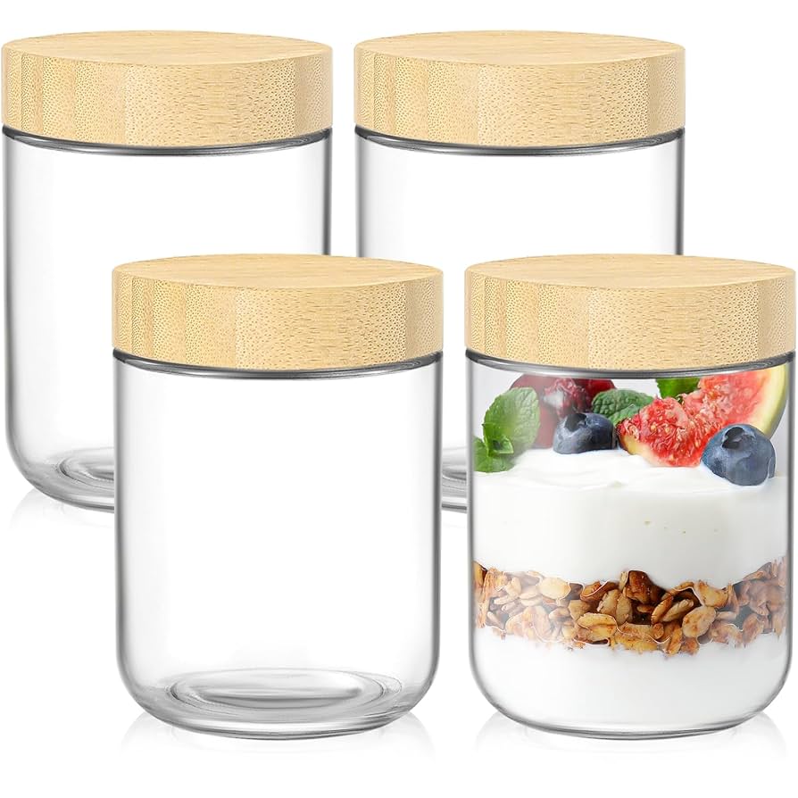DRKIO 16 Oz Overnight Oats Containers with Bamboo Lids - 4 Pack Glass Storage Jars with Airtight Lids Wide Mouth Mason Food Jars Great for Meal Prep Salad Chia Pudding Snacks Yogurt Sugar Spice Cereal