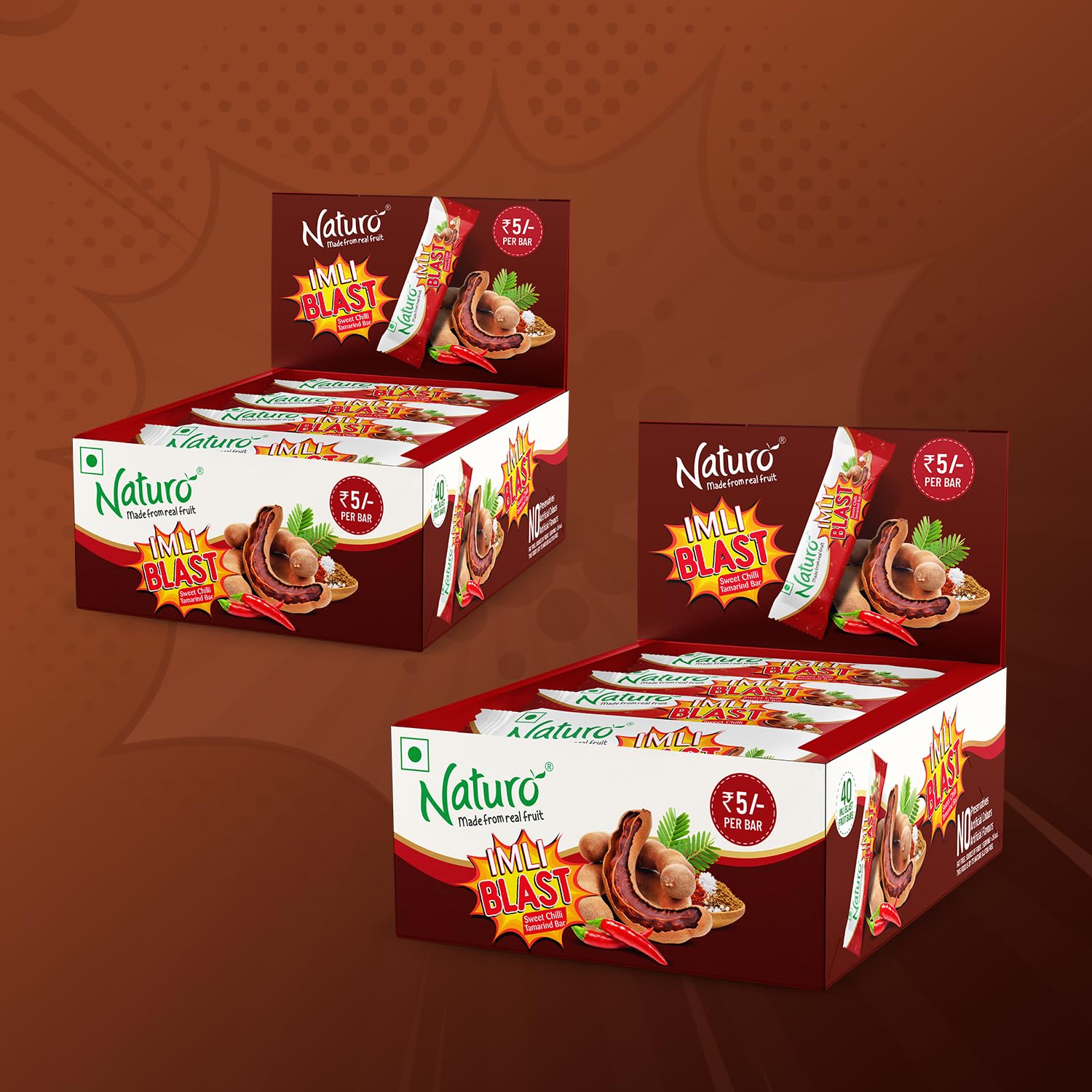 Naturo Imli Blast, Sweet Chilli Fruit Bars | Spicy & Sweet Snack | Travel Pack | Fun Fruit Snacks | 40 Bars Dispenser x 2 Packs | Gifting & On-the-Go Treat