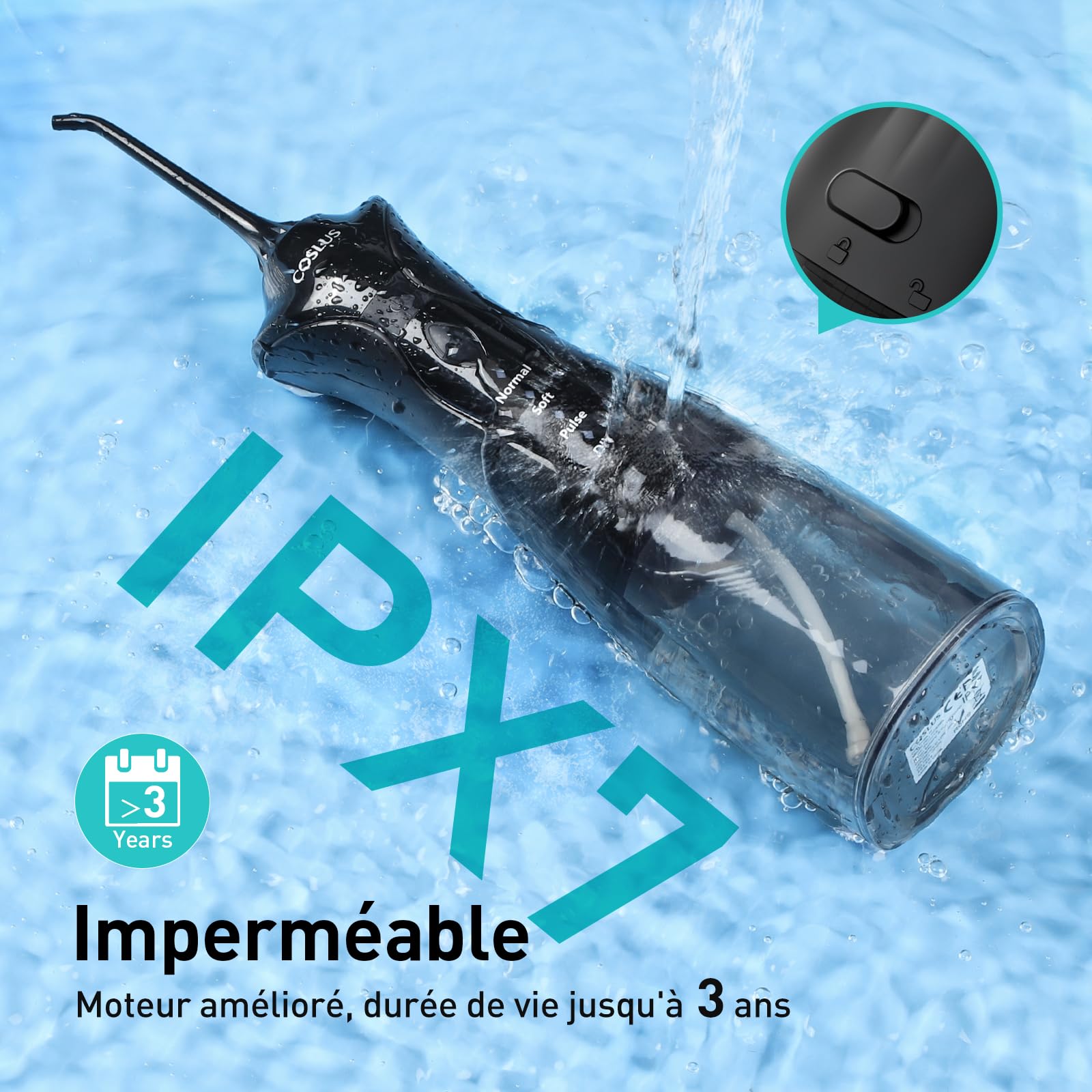 COSLUS Hydropulseur jet Dentaire Portable: 4 Modes Hydropulseur et Irrigateurs Oral, Réservoir d'eau 300 ml Vainqueur du Test, Rechargeable et Étanche IPX7, Noir Brillant, C30