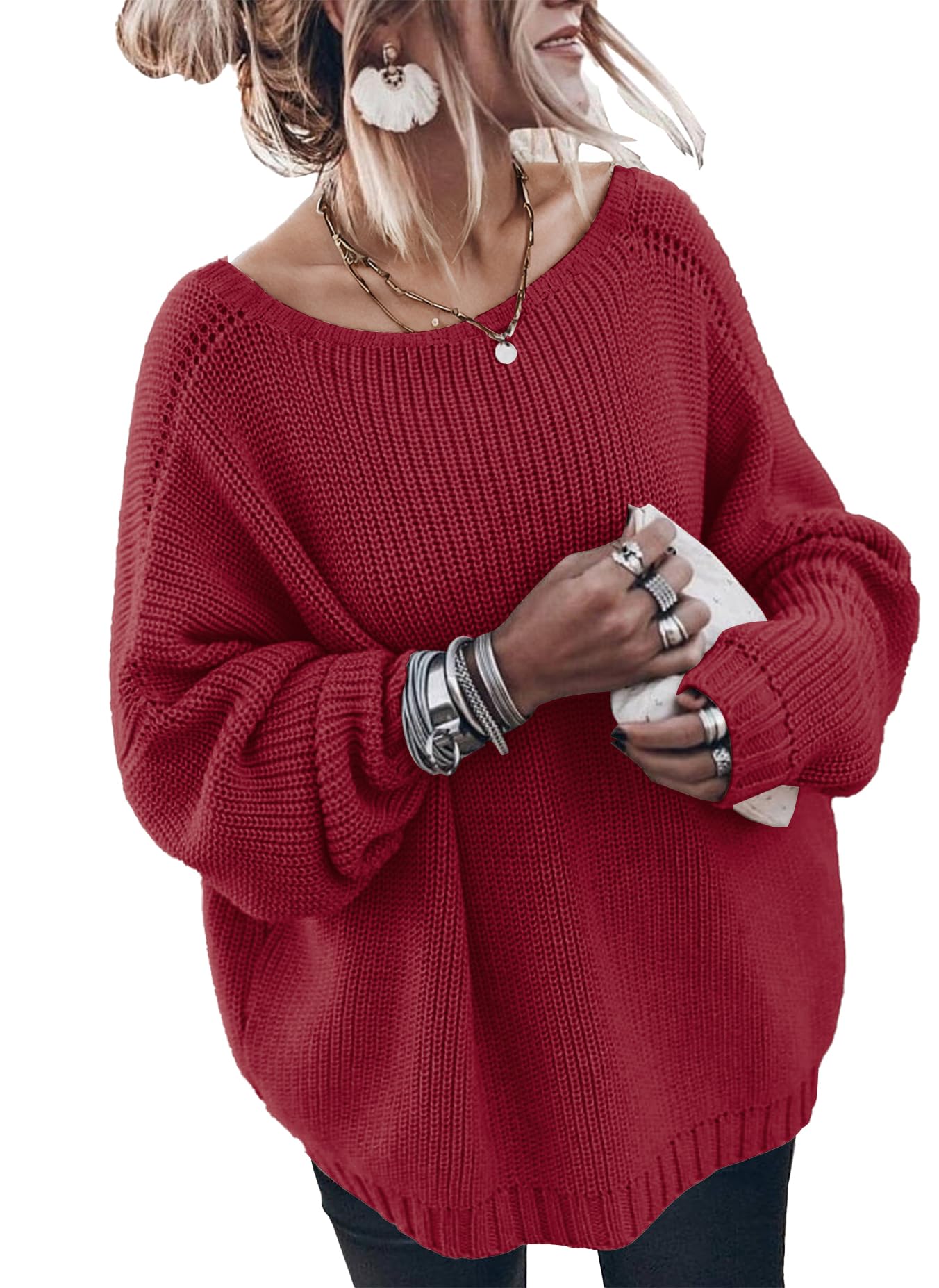 Oversized Sweaters for Women Trendy Chunky Batwing Long Sleeve Casual Crewneck Ribbed Pullover Tunic Sweater