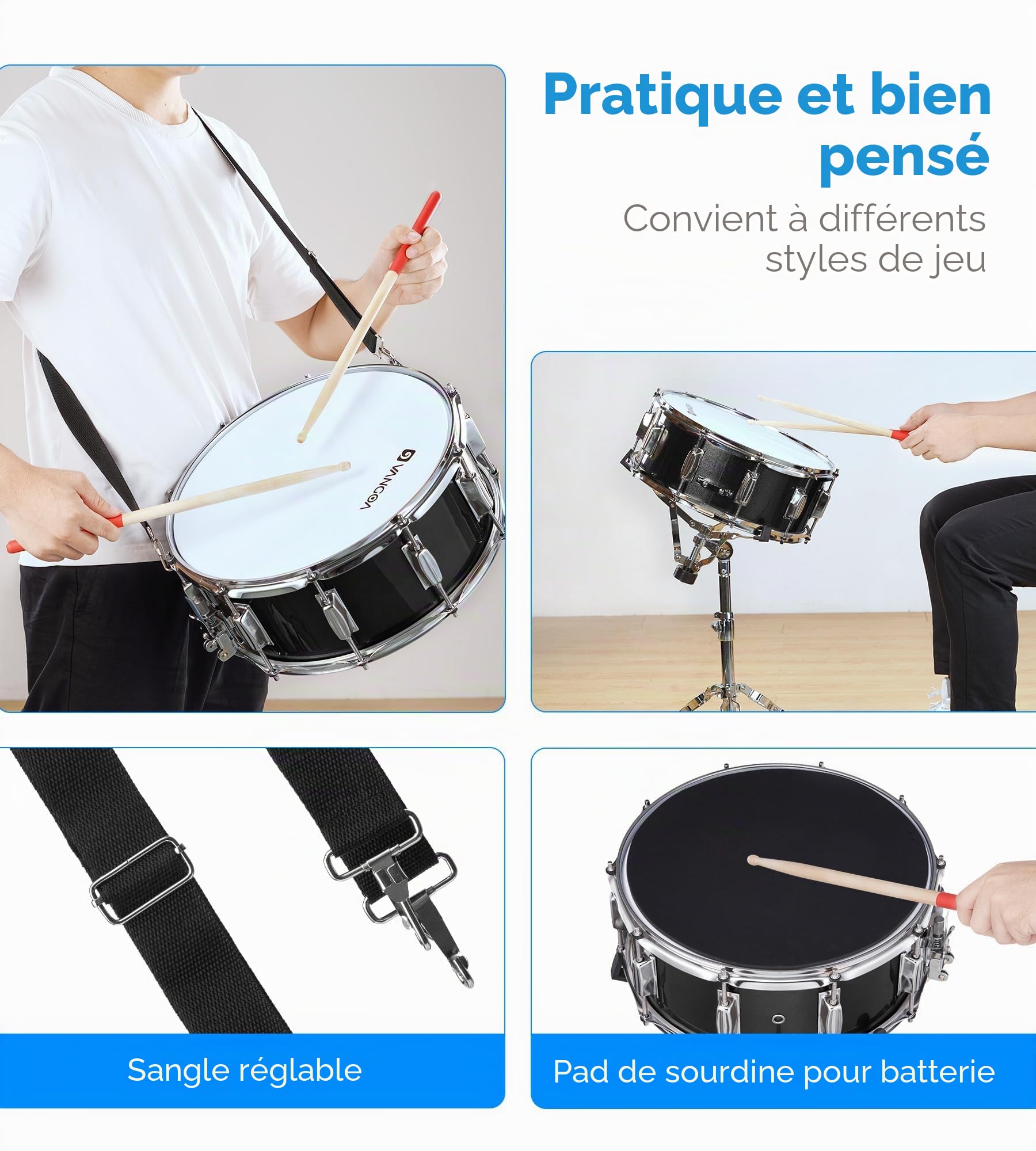 Vangoa Ensemble de caisse claire,Caisse claire de 14 pouces avec support percussion instrument,caisse claire de marche pour étudiants,adulte,débutants,noir