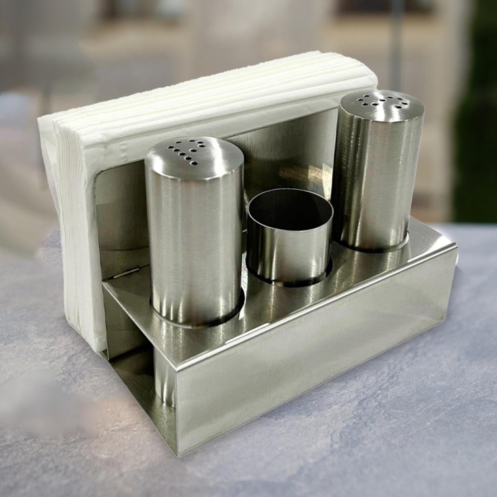 Y Juego de Salero con Servilletero con Base, Utensilios de Cocina, Frascos para Condimentos, Botella de Pimienta para Mesa de Comedor de Cocina, Acero Inoxidable, tal como se describe