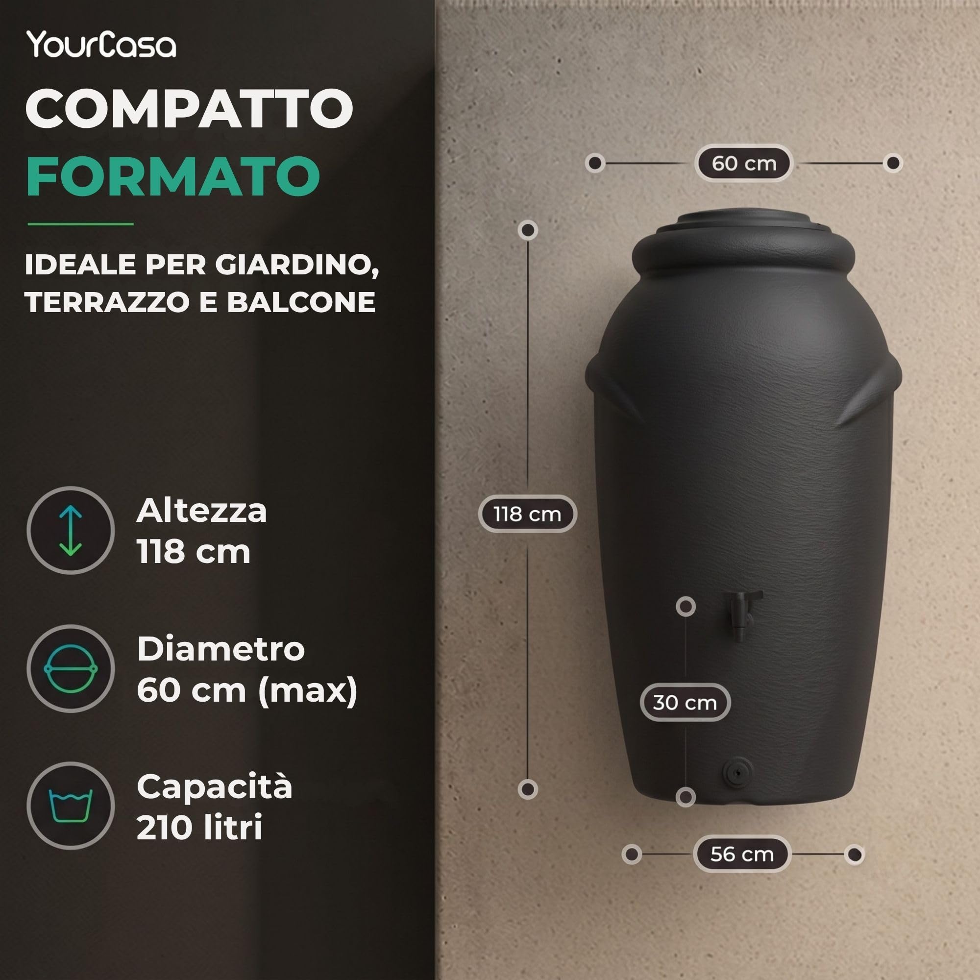 Yourcasa Serbatoio Acqua 210 litri [design anfore] in plastica resistente al gelo – Cisterna acqua piovana con rubinetto – Serbatoio acqua piovana giardino - raccolta acqua piovana (terracotta)