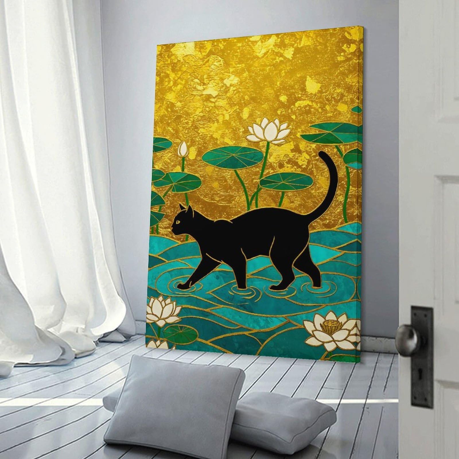 Junmoney Frame-Style-11 Black Cat In Lotus Pond Room Decor Wall Art, 24X36inch(60X90cm), For Living Room, Bedroom, Office Or Hallway, Decorative Artwork With Broad Appeal