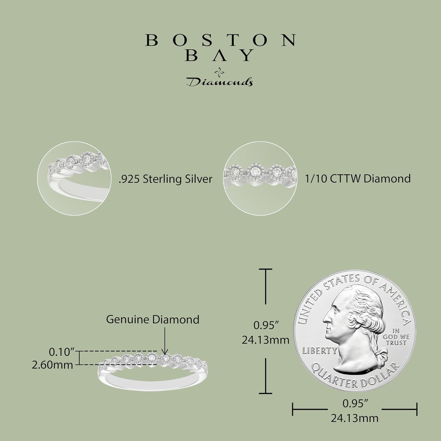 Boston Bay Diamonds Diamond Stacking or Anniversary Band Ring in 14K Yellow Gold or Rhodium Plated.925 Sterling Silver - Choice of Style & Metal