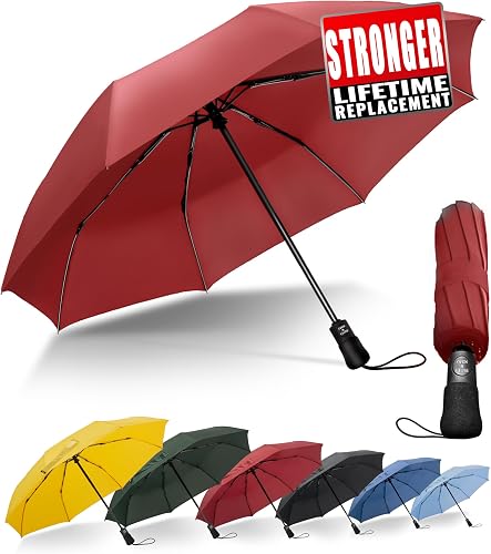 Travel Compact Umbrella Windproof - Portable Automatic Umbrellas for Rain, Folding Umbrella for Men and Women, Portable 210T Fabric 97cm Span - 8 Ribs Red Umbrella