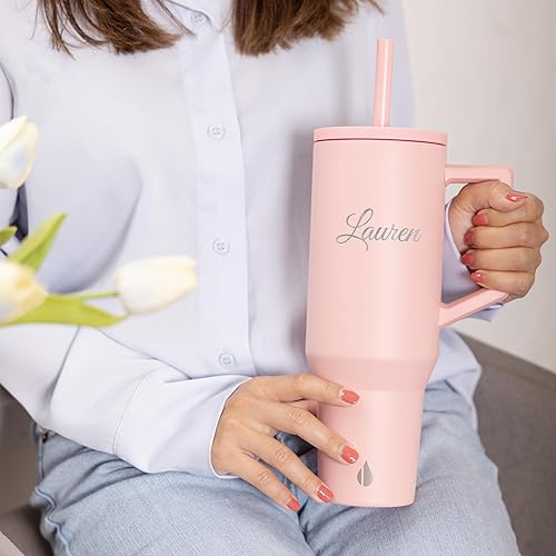 Travel Tumbler with Handle Commuter Rambler Comes with Lid and Straw Laser Engraved Name