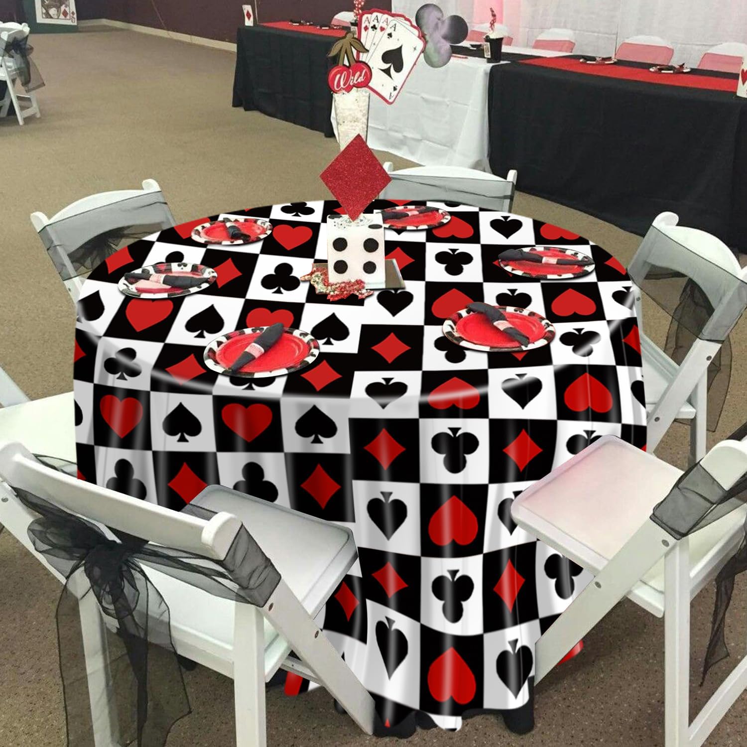 9Pcs Casino Tablecloths, Poker Table Cover, Round Casino Theme Table Cloth for Picnic Birthday Playing Card Casino Party Decorations, 84 x 84 Inch