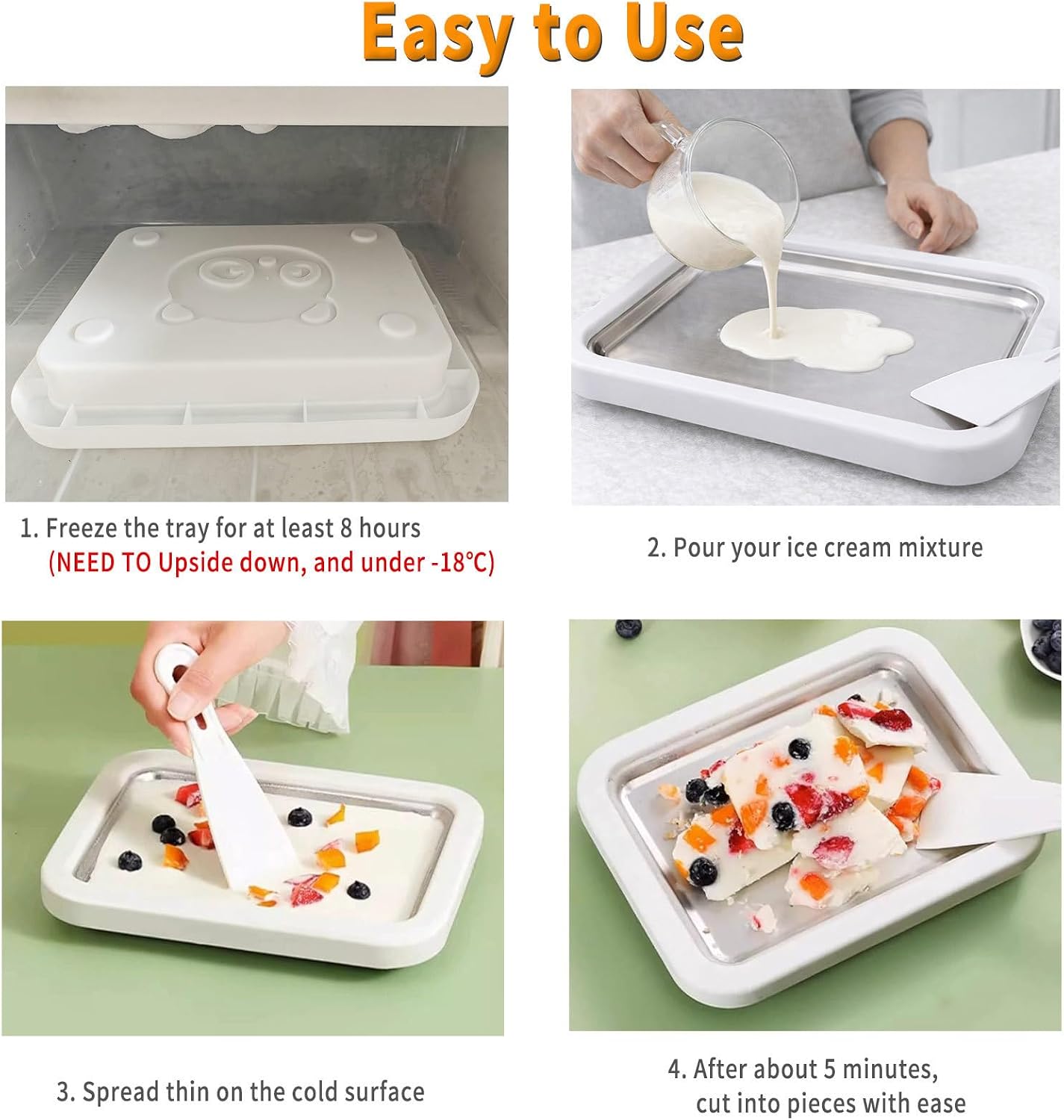 Rolled Ice Cream Maker Kit, At-Home Ice Cream Roll Tray with 2 Scrapers, Manual DIY Frozen Dessert Tool for Homemade Ice Cream, Yogurt and Sorbet (White)