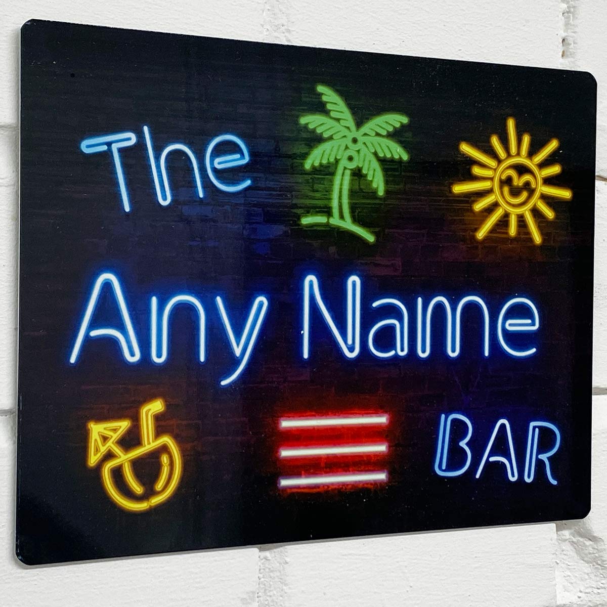 Personalised Bar Sign - Neon effect Printed Metal Sign wall art Tropical A5 Bar Add Name โ image 1