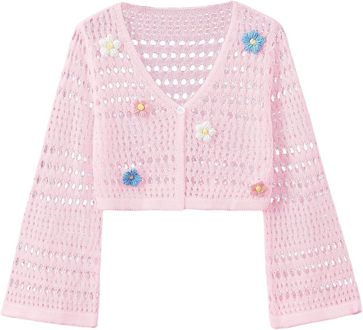 Verdusa Girl's Cute Crochet Cardigan 3D Floral Applique Long Sleeve Hollow Out Button Up Sweater