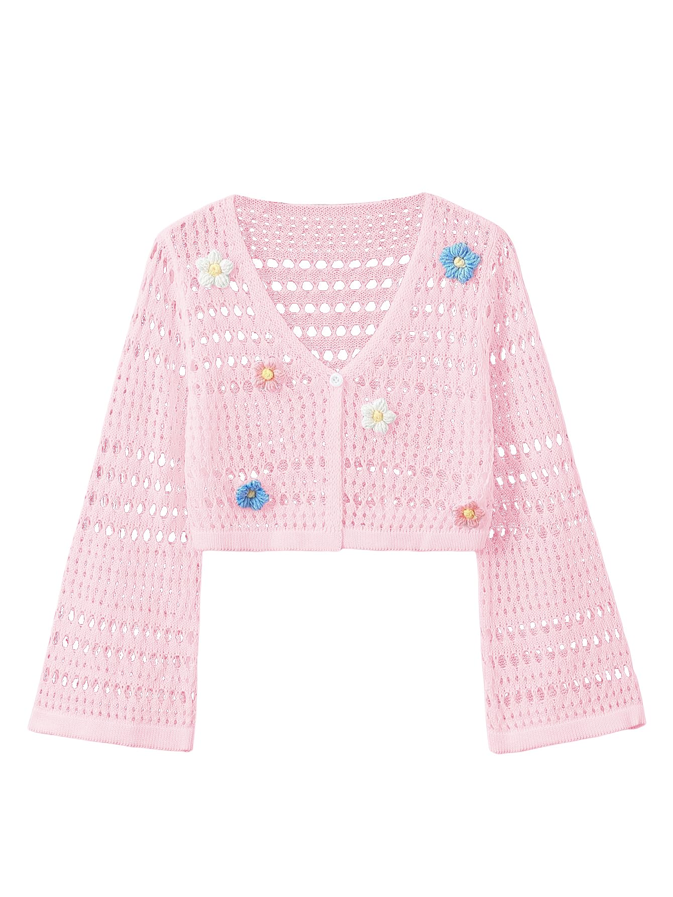 Verdusa Girl's Cute Crochet Cardigan 3D Floral Applique Long Sleeve Hollow Out Button Up Sweater