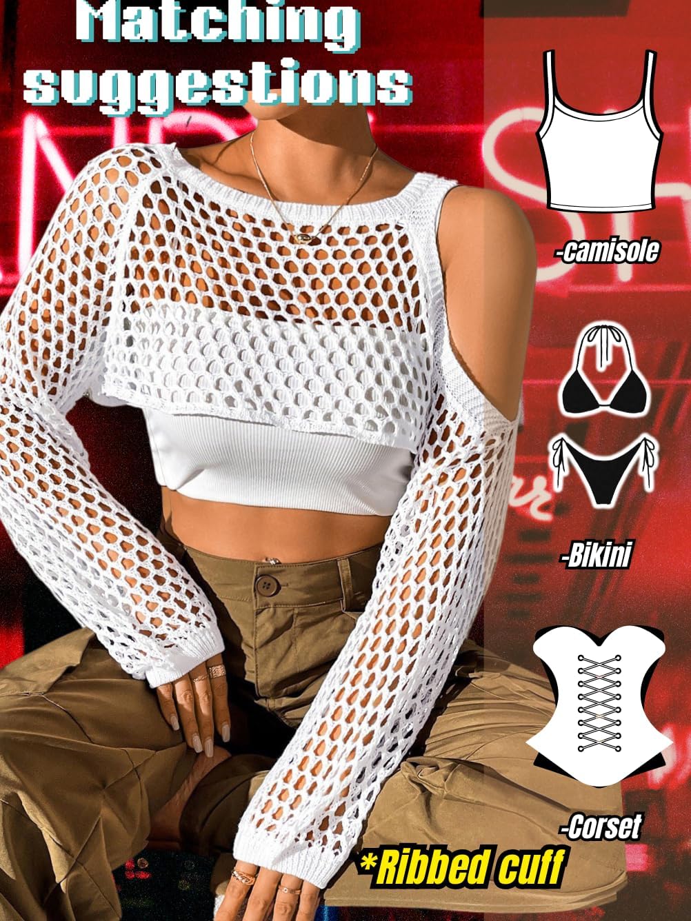 Women's 2000s Crochet Crop Top, Cold Shoulder Fishnet Shrug Sweater for Summer Music Festival Concert (Fits 0-12) - Image 6