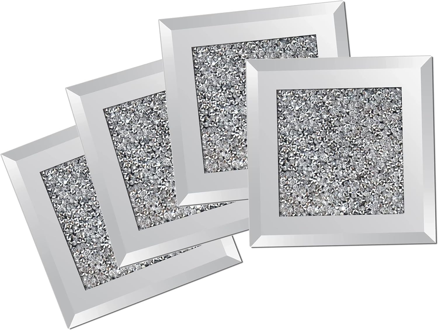 Crushed Diamond Glass Coasters, Set of 4, 10 x 10 cm, Silver Decor Bling Square