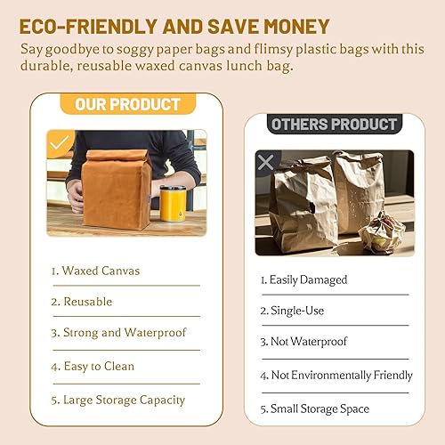 Miniatura 4 de Waxed Canvas Lunch Bags Brown Paper Bag Styled - Classic Updated - Reusable and Washable, Worthbuy Lunch Box for Men & Women