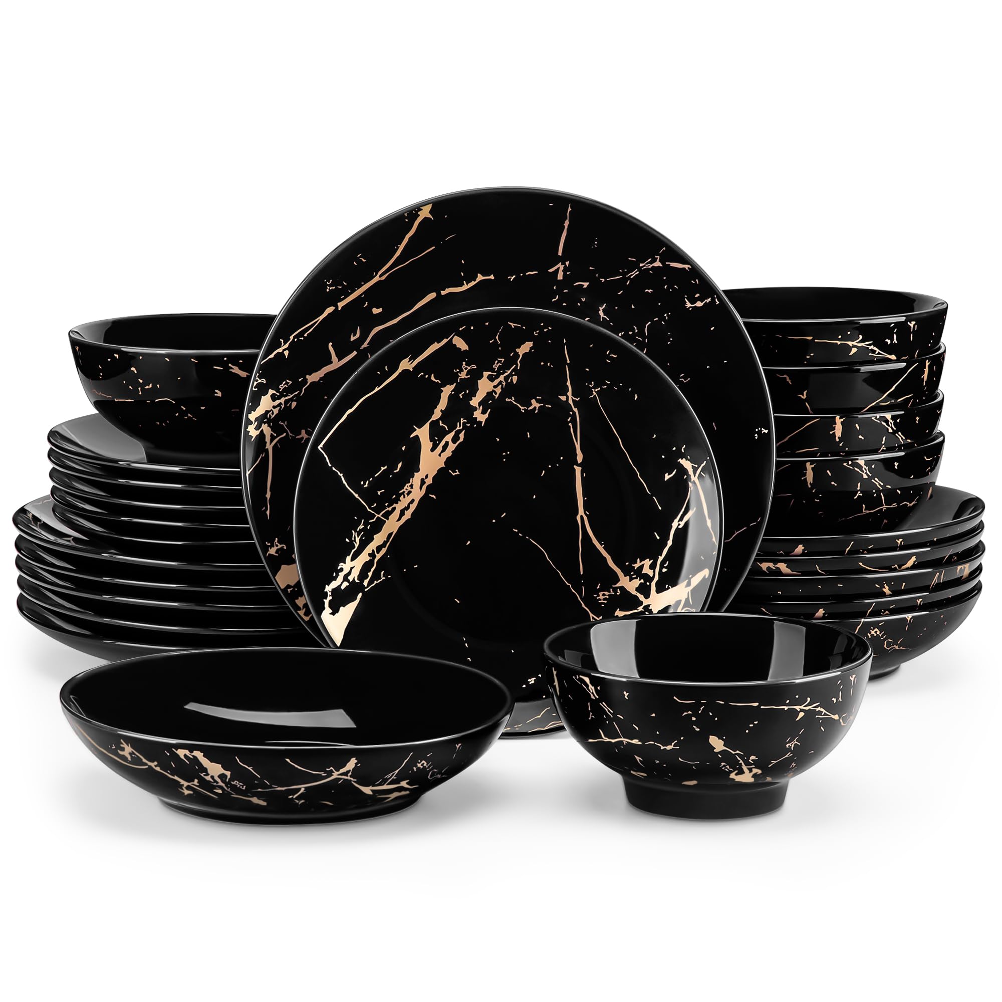 LOVECASA Set di Piatti e Ciotole per 6, 24 Pezzi, in Porcellana, Colore Nero e Oro, Set di stoviglie con Spruzzi d'oro, Lavabili in lavastoviglie e Adatti al microonde