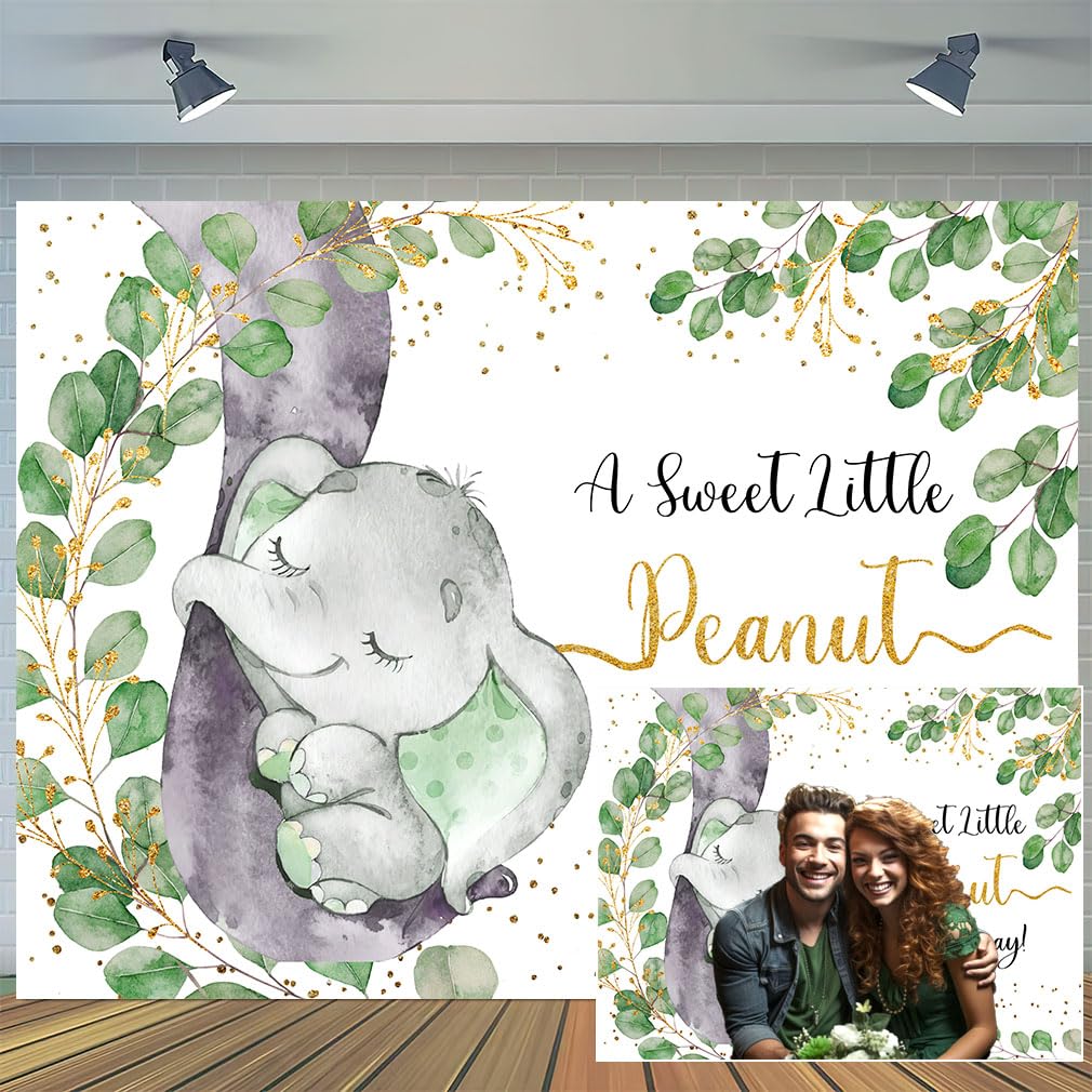 5 x 3 ft Elephant Baby Shower Backdrop Green Leaves A Little Peanut is On The Way Photo Background Baby Shower Party Cute Elephant Party Decorations