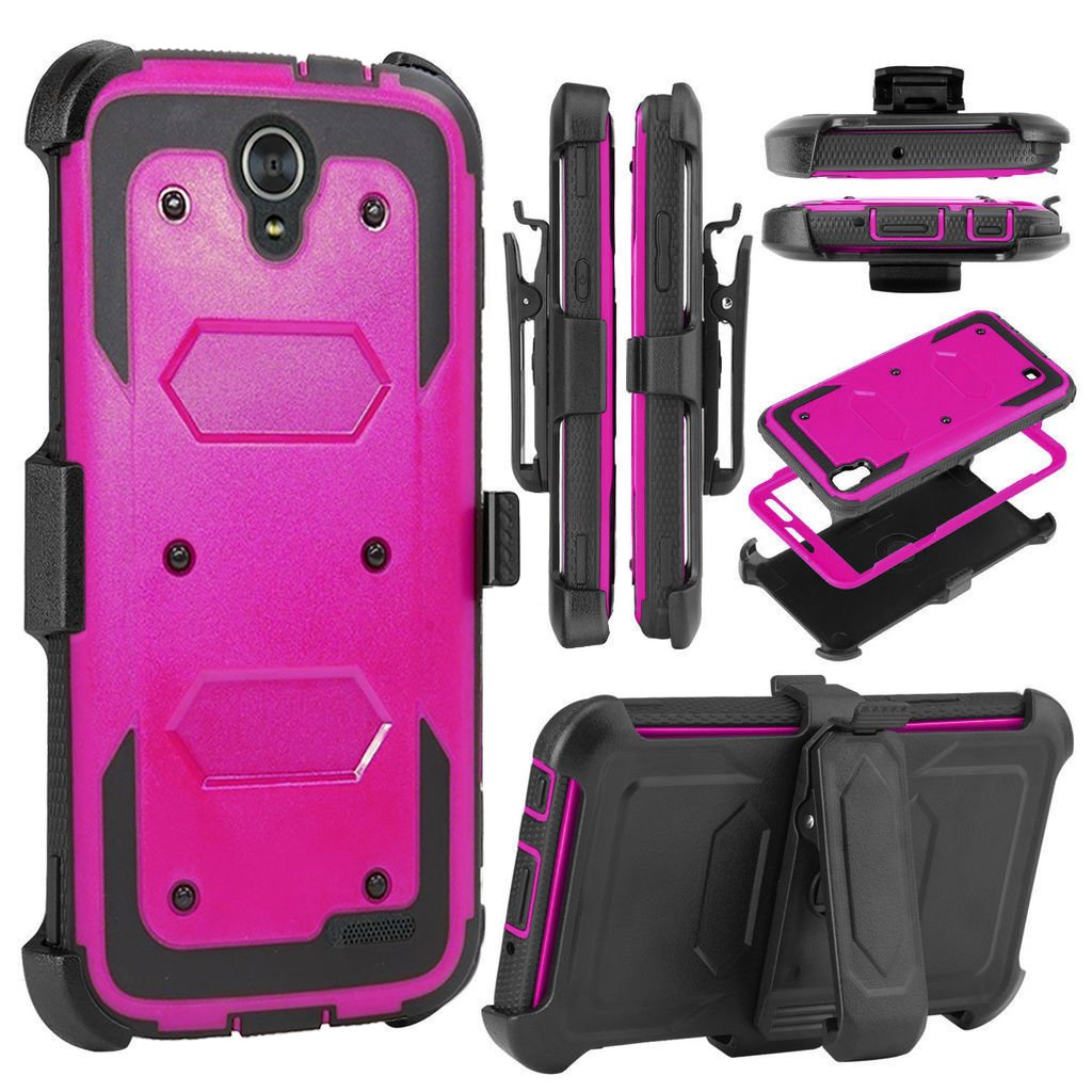 Hot Pink Armor Defender Case Compatible with ZTE Avid Trio/Prestige 2 N9136/ZFive 2/Sonata 3/Maven 2/Avid Plus,Shockproof [Swivel Belt Clip] Full Body Holster Case W/Built-in Screen Protector