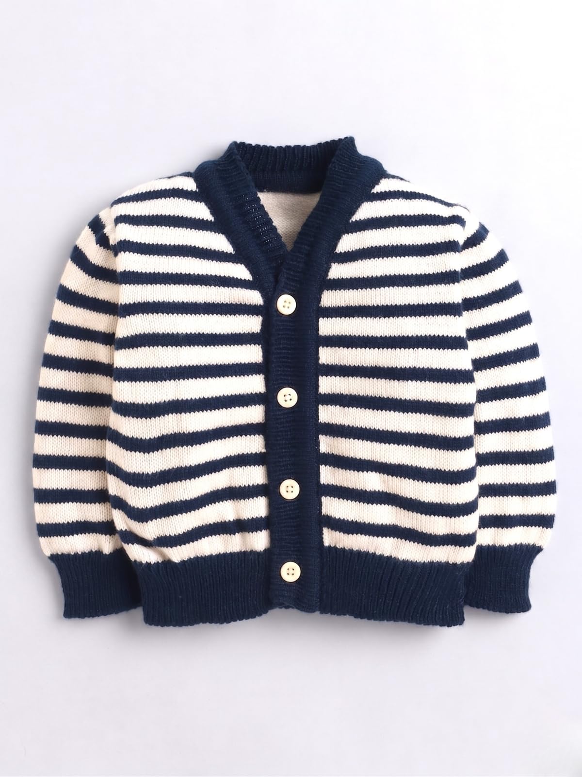 SMAZZ Baby-Boys Baby Sweater Set - Pack Of 3 | Woolen Full Sleeves V-Neck Striped For 3 To 6 Months Cardigan, Cap & Socks - Navy & Cream 4