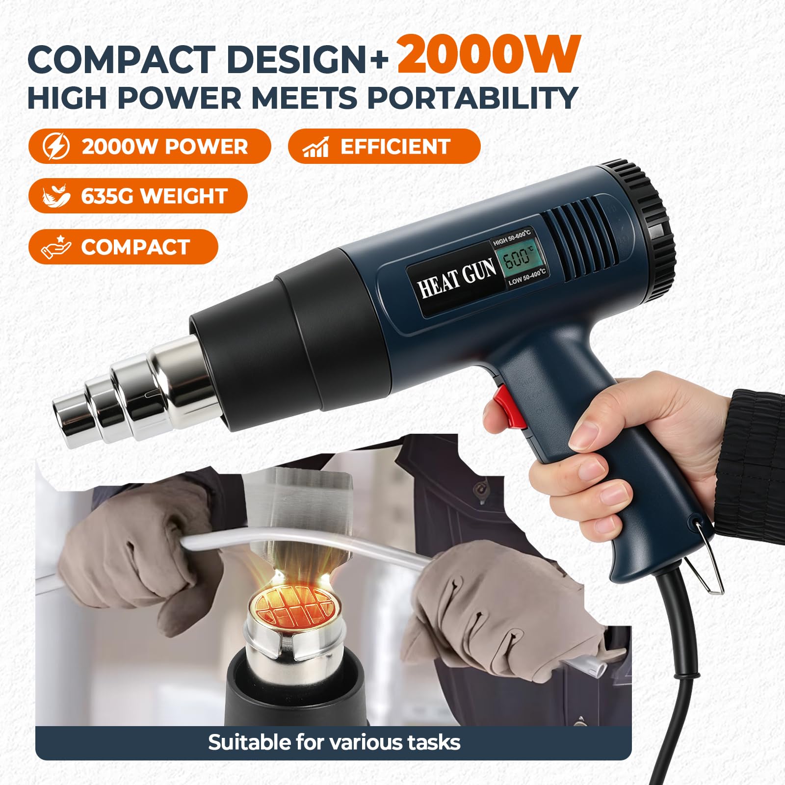Pistolet à air chaud 2000 W, écran numérique, température réglable en continu de 60 à 600 °C, 2 vitesses 300/600 l/min avec 4 buses pour enlever la peinture et le film rétractable