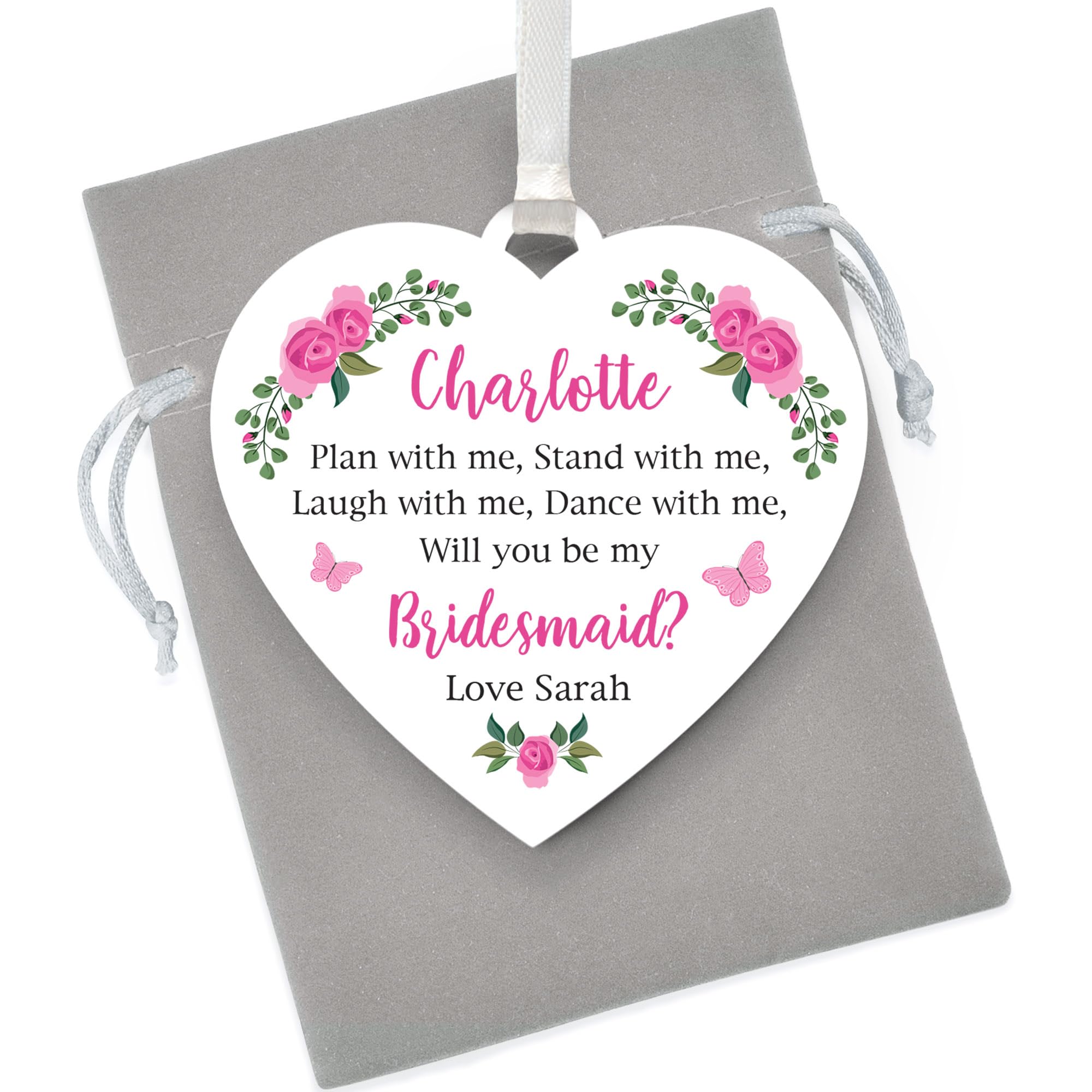 Will You Be My Bridesmaid, Maid of Honour, Flower Girl PERSONALISED Plaque Gifts - Custom Be My Bridesmaid Gifts for Wedding, Sister, Best Friends, Daughter - Will You Be Wedding - With Grey Bag