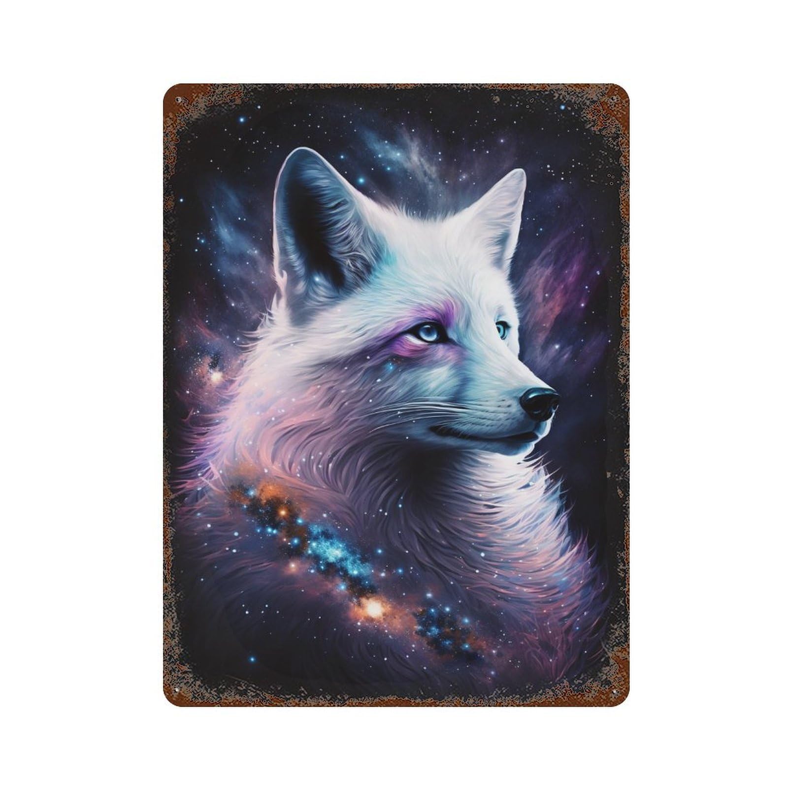 Cosmic Wolf Art Print Distressed Metal Wall Sign 15.7"x11.8", Ideal for Patio, Garden Room And Bar Decor