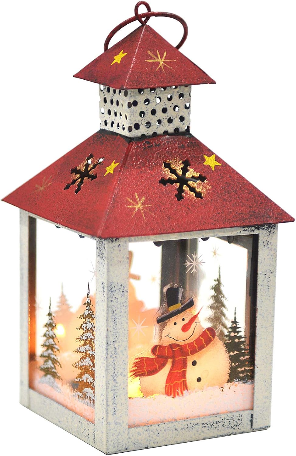 Christmas Candle Lantern Decoration - Snowman Decorative Candle Holder, Rustic, Hand Painted Metal and Glass - Table Centerpiece or Hanging Lantern Holder, Christmas Home Decorations, White