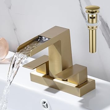 4 Inch Centerset Bathroom Waterfall Faucet 2 Handle 3 Hole Lavatory Vanity Faucet Waterfall Basin Faucets with Pop Up Drain with Overflow, Brushed Gold