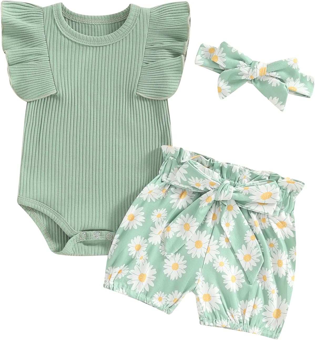 Newborn Infant Baby Girl Summer Clothes Rib Frill Short Sleeve Romper Elastic Waist Shorts Headband 3Pcs Outfits Set