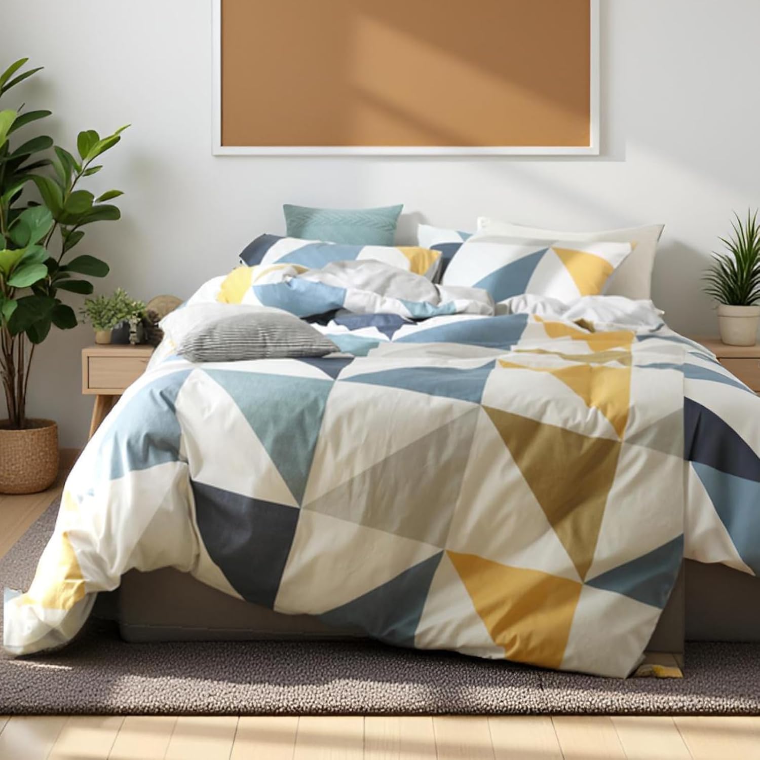Geometric Duvet Cover Set Queen Size, Abstract Triangle Pattern Print Bedding Set, 3 Piece Egyptian Cotton, Zipper Closure, Soft Breathable, for Home Bedroom Guest Room All Seasons
