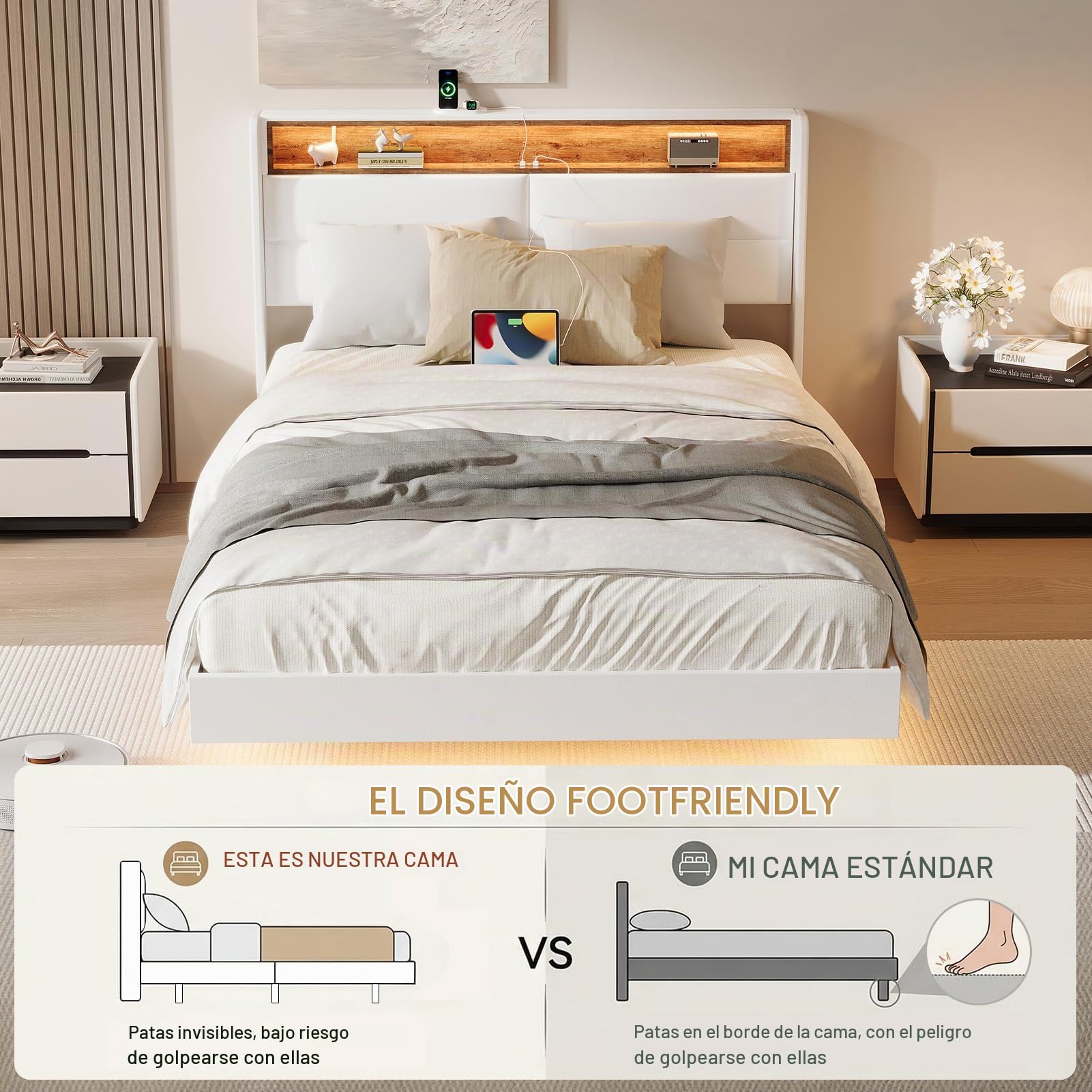 HAUSPROFI Cama Flotante con Almacenamiento, Luces LED y Cabecero con Espacio de Almacenaje, Acabado en Lino, Somier Estable, Colchón No Incluido (Blanco, 180 x 200cm)