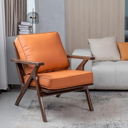 Miniatura 6 de ONG Silla decorativa de mediados de siglo de cuero marrón, sillón moderno tapizado con reposabrazos de madera, patas de madera, sofá individual para