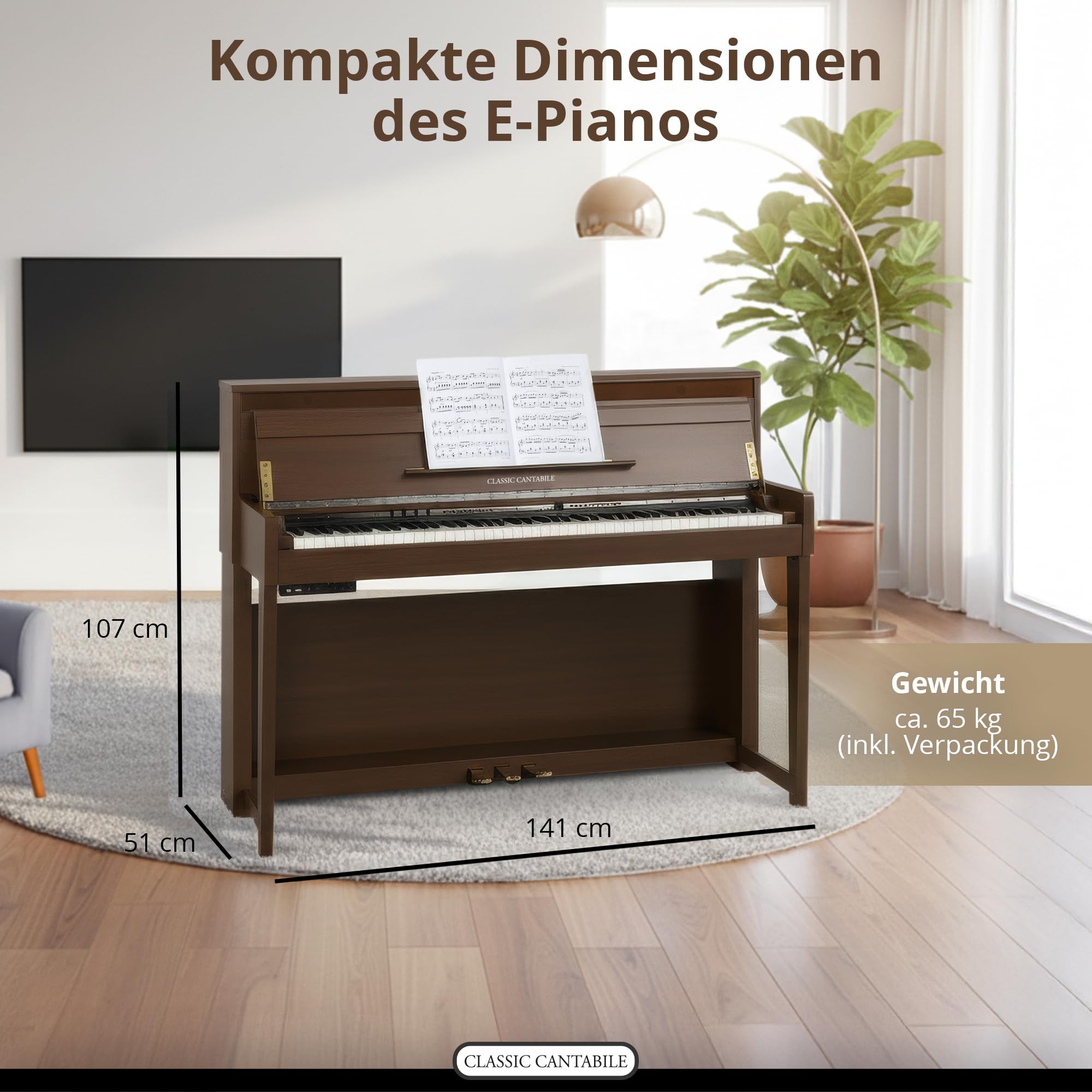 Classic Cantabile UP-1 OM Upright E-Piano - 88 gewichtete Tasten mit Graded Hammer Tastatur, Ivory Touch, 256 Polyphonie, 40 Sounds, OLED Display, 3 Pedale, USB MP3 Recorder - Okoume