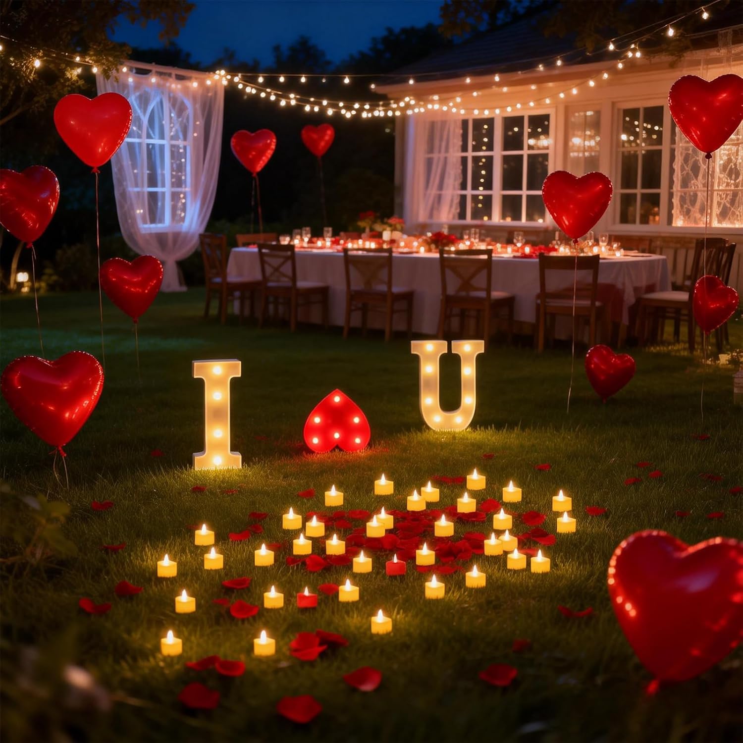 Wondise I Love U Light Up Letters, I Love U Sign Proposal Decorations with 30Pcs Flameless Tea Lights 2000Pcs Red Rose Petals 20Pcs Red Balloons for Valentine's Day Wedding Proposal Romantic Night