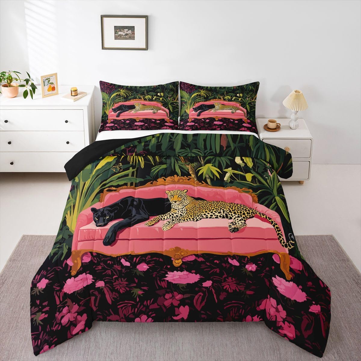 jejeloiu Leopard Comforter Set Queen Size Pink Rose Bedding Set for Kids Boys Girls Women Luxury Duvet Quilt Palm Tree Bedroom Decor Microfiber 3 Pcs with 2 Pillow Cases