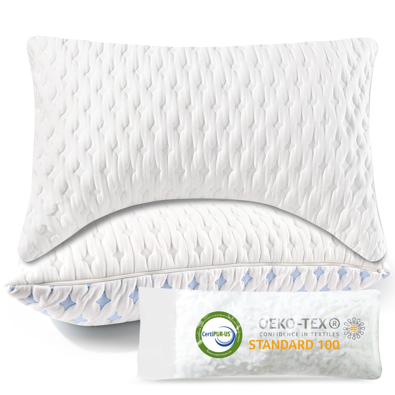 Pillows 2 Pack Side Sleeper Pillow for Neck and Shoulder Support,Shredded Memory Foam Pillow Bed Pillows With Curved Contour Design, Comfort Support Cooling Pillow- Extra Fill Included, 71*47.5cm