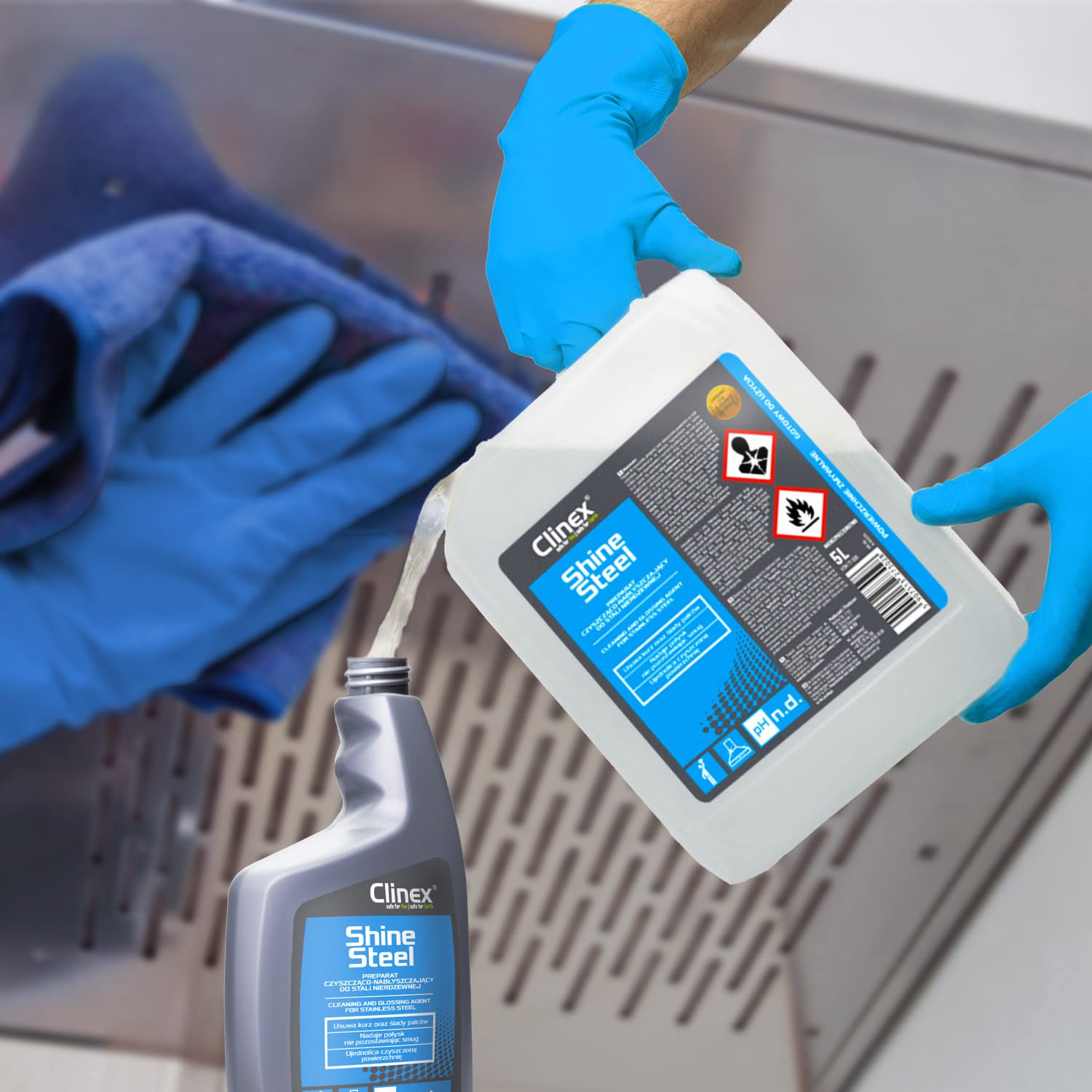 Clinex Shine Steel 5L – środek do czyszczenia stali nierdzewnej – wszechstronne zastosowanie: czyszczenie, polerowanie i pielęgnacja stali nierdzewnej – doskonale sprawdza się w gospodarstwie domowym